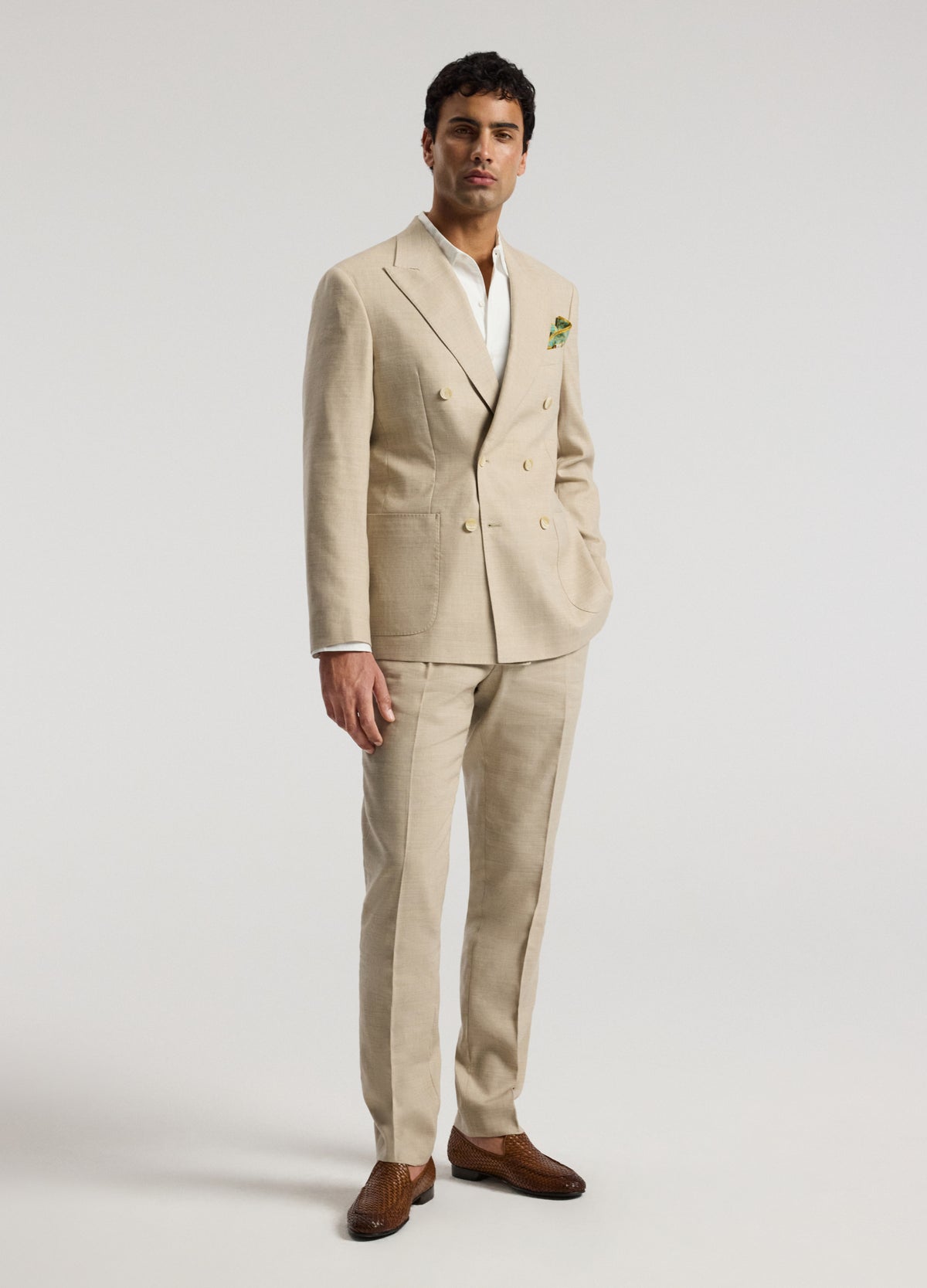 Linen Wool Double-Breasted Suit Jacket Natural