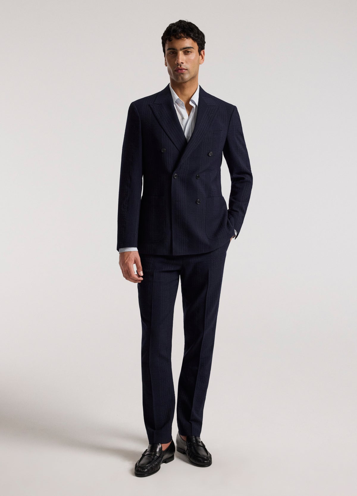 Double-Breasted Shadow Check Suit Jacket Navy