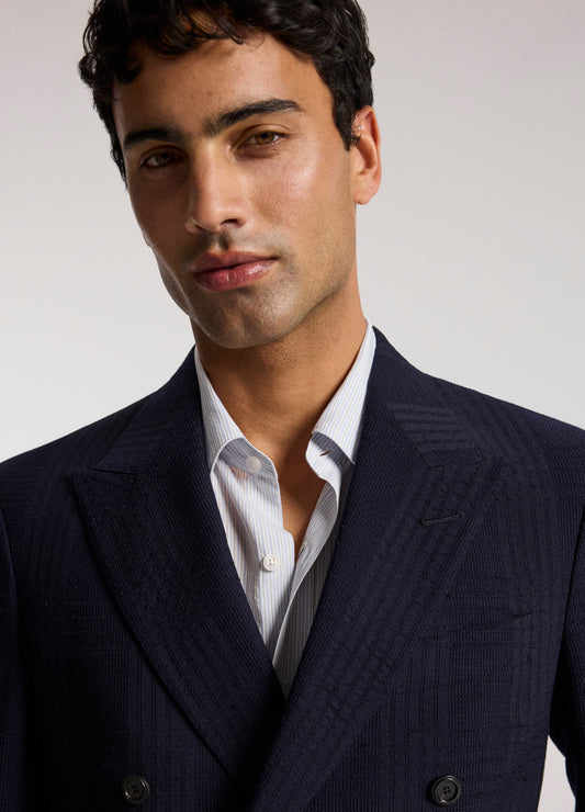 Double-Breasted Shadow Check Suit Jacket Navy