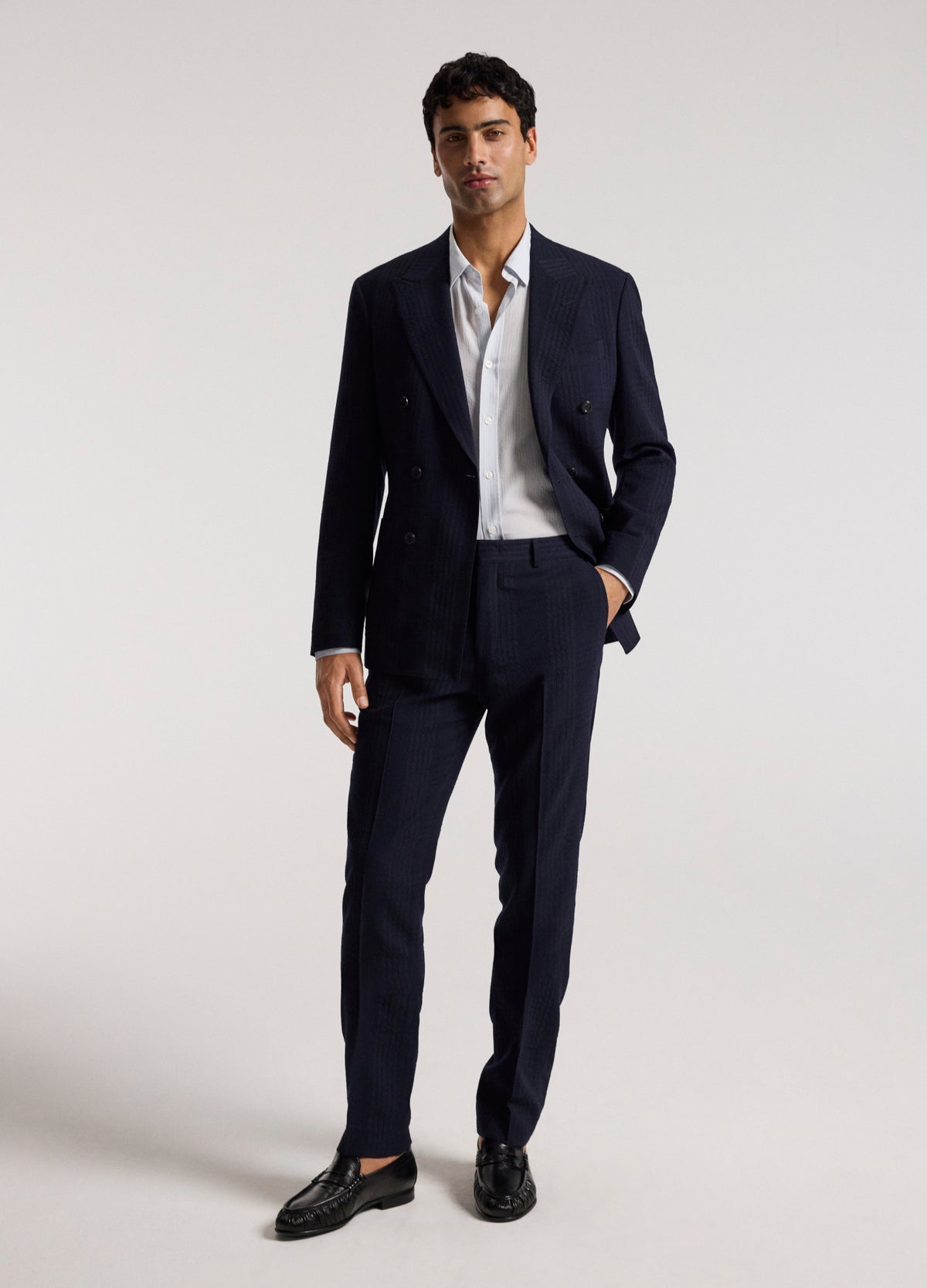 Double-Breasted Shadow Check Suit Jacket Navy