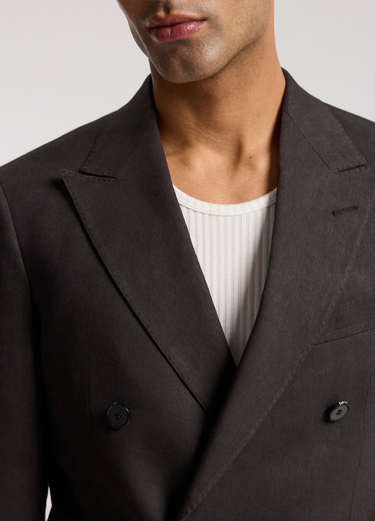 Double-Breasted Linen Blend Suit Jacket Chocolate