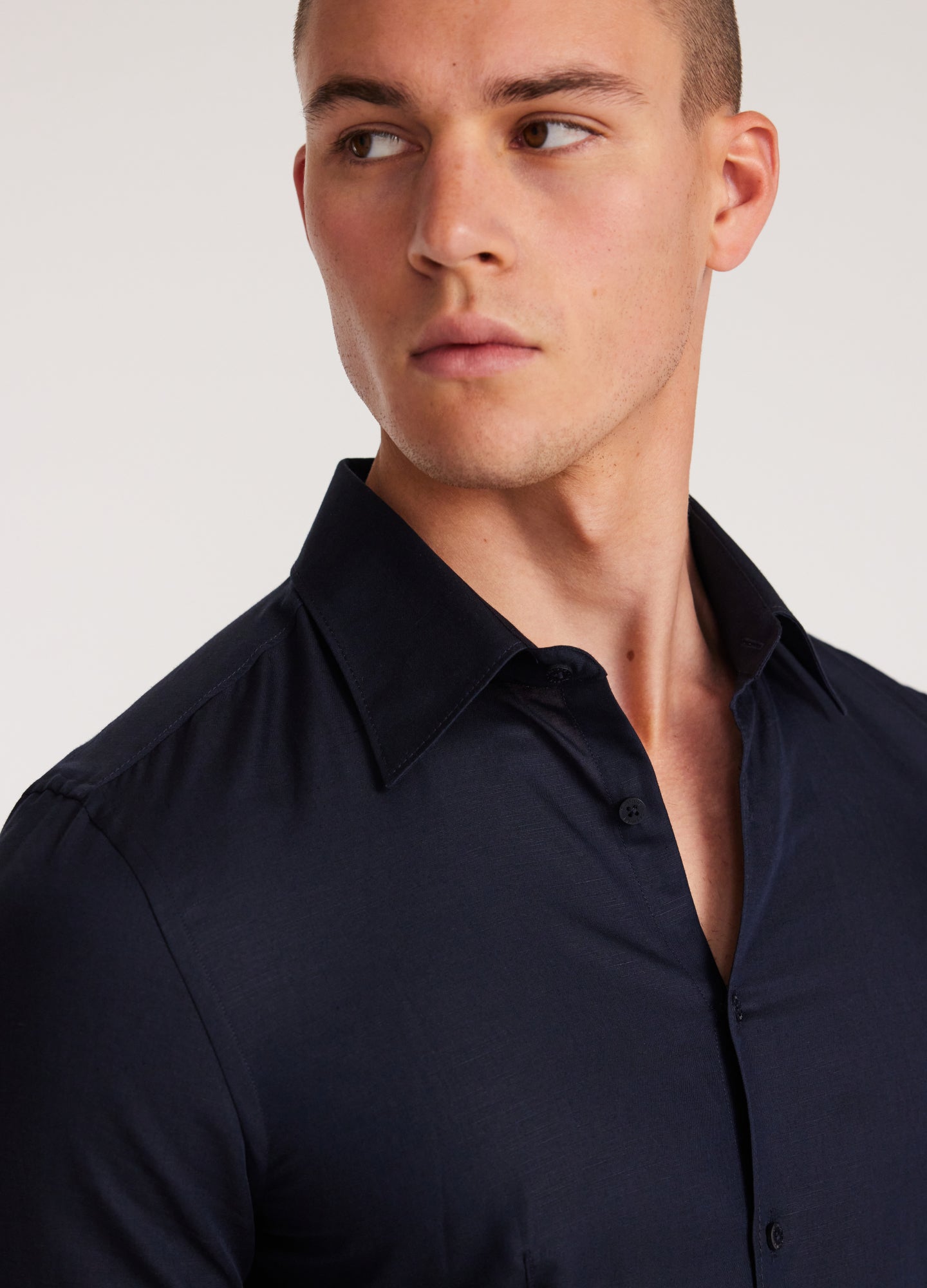 Topstitch Cotton Linen Shirt Navy