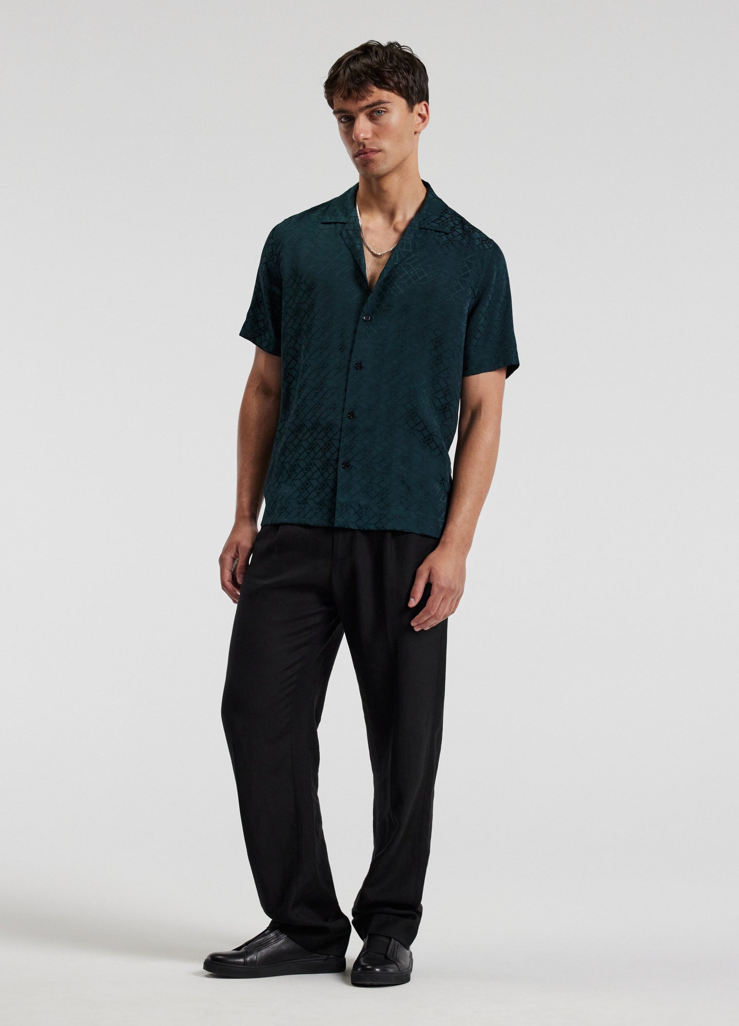 Logo Jacquard Silk Short Sleeve Shirt Hunter Green