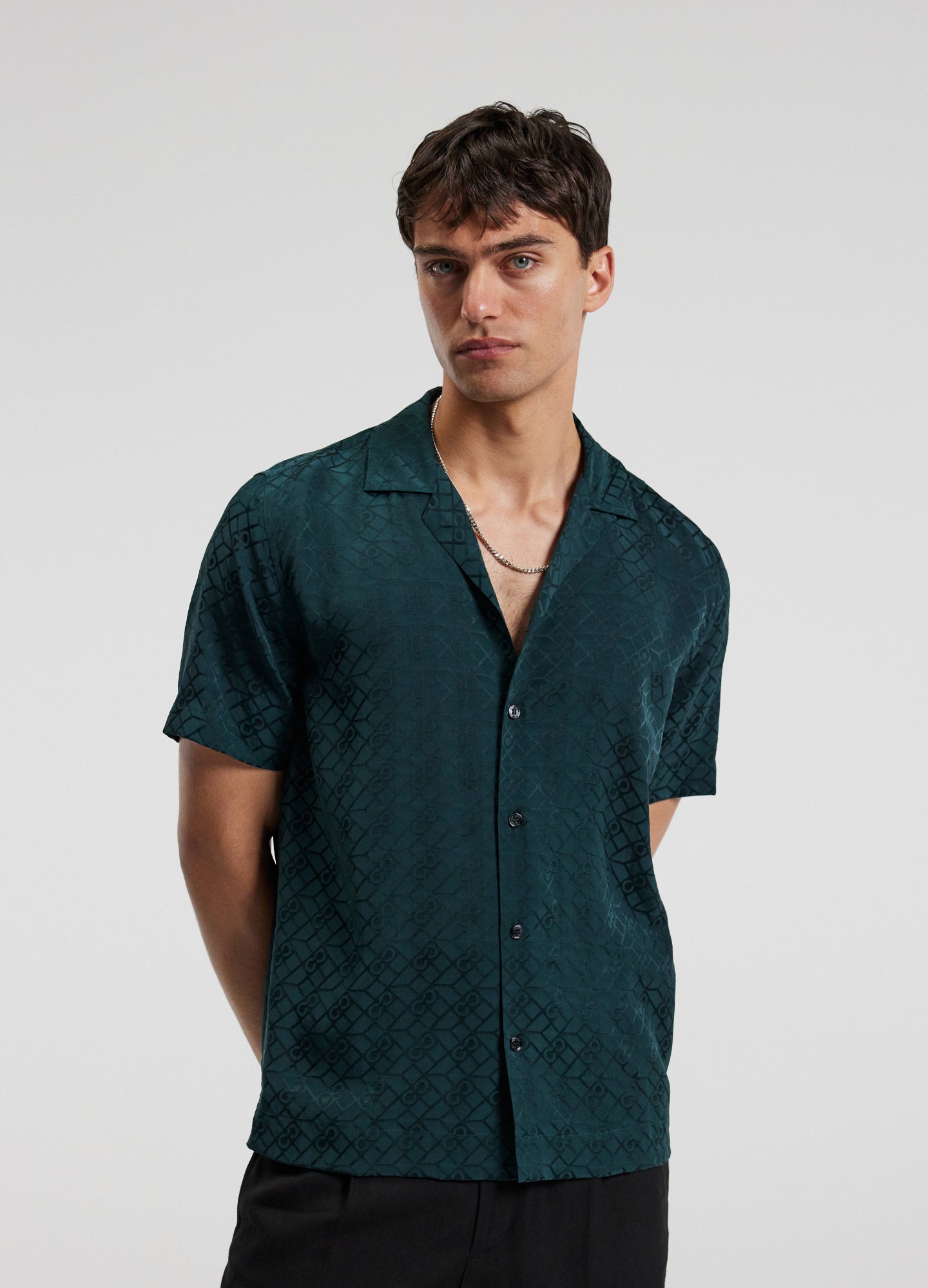 Logo Jacquard Silk Short Sleeve Shirt Hunter Green