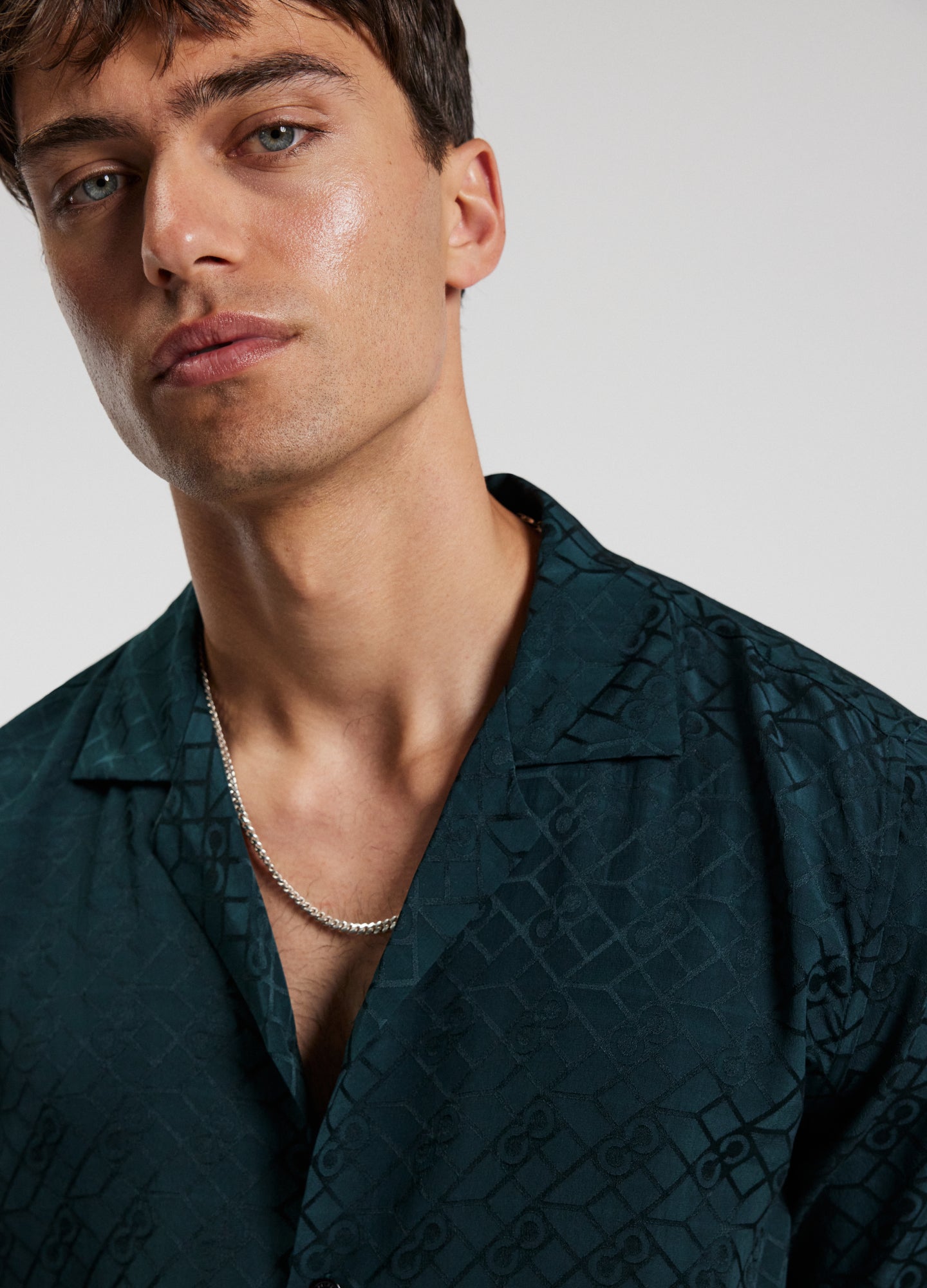 Logo Jacquard Silk Short Sleeve Shirt Hunter Green