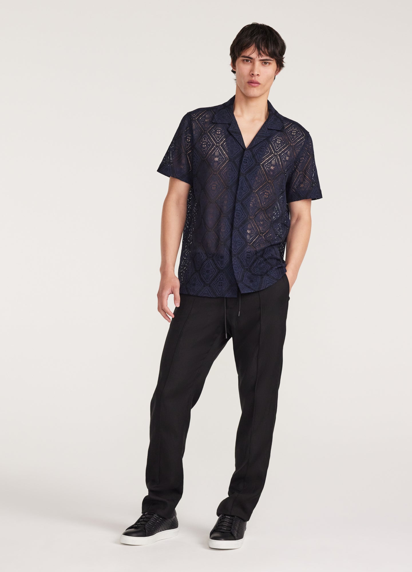 Duo Tone Lace Short Sleeve Shirt Navy