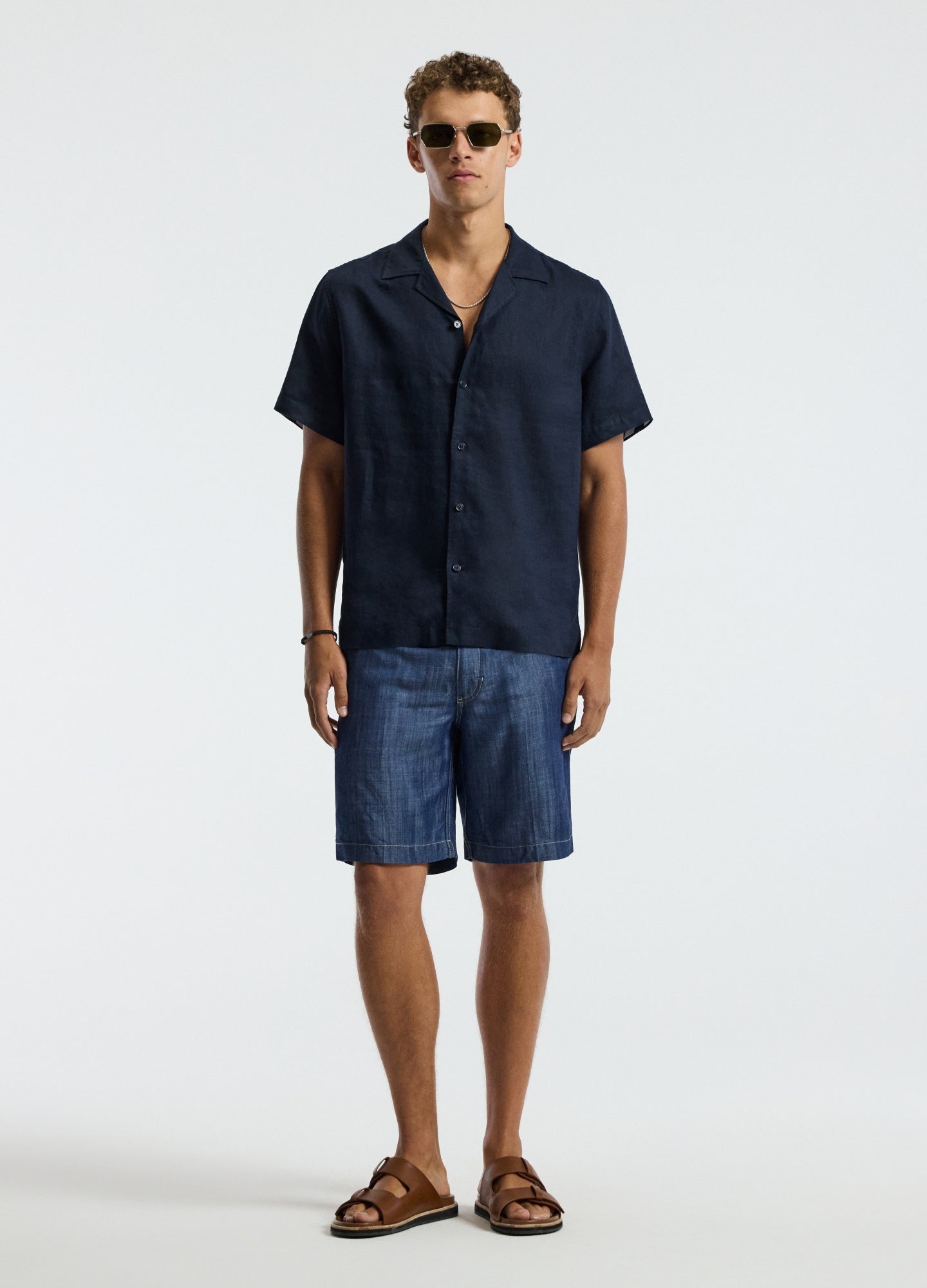 Cuff Detail Short Sleeved Linen Shirt Navy