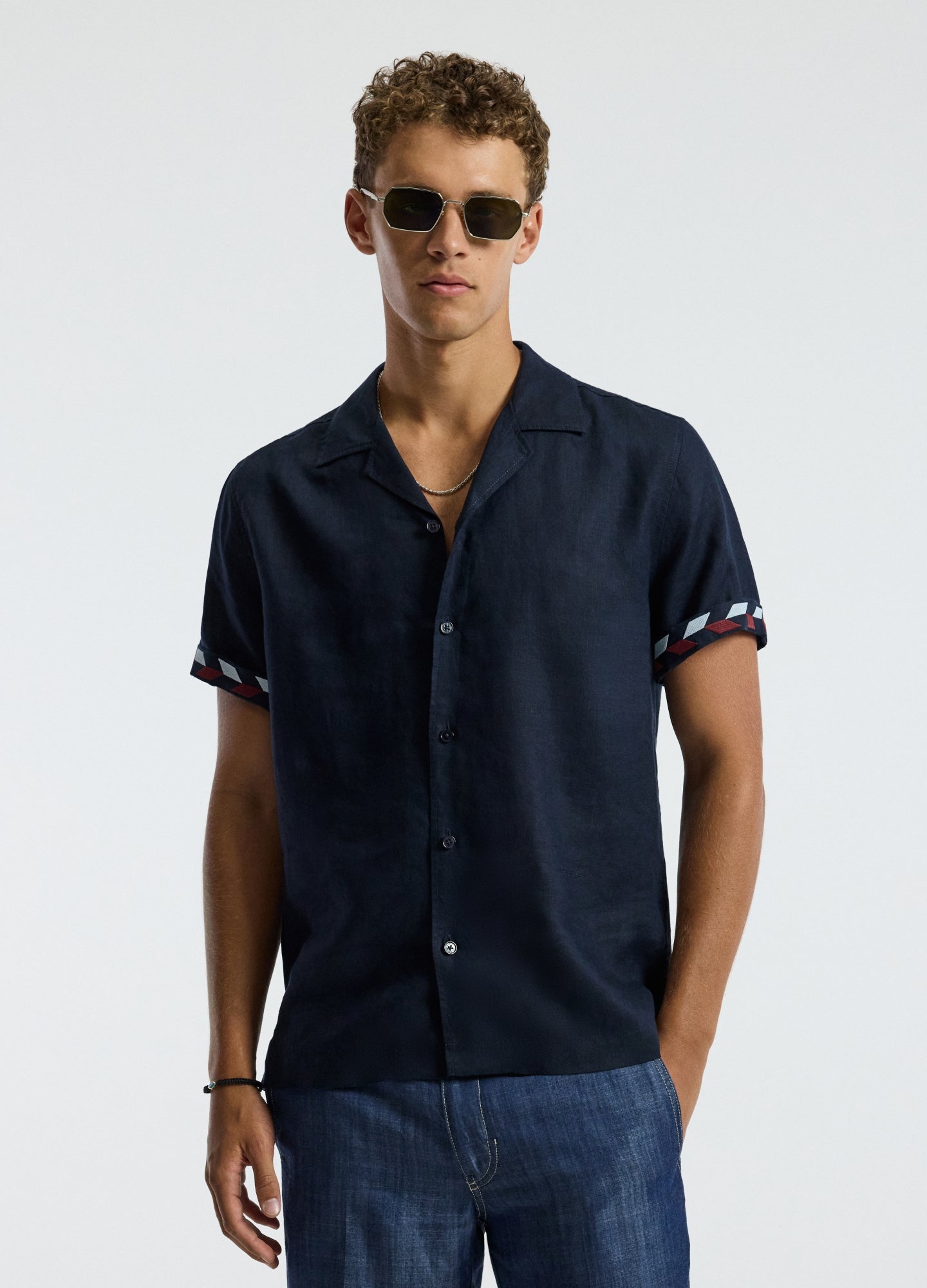 Cuff Detail Short Sleeved Linen Shirt Navy