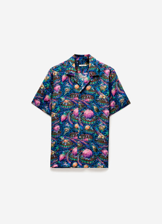 Aquatic Universe Short Sleeve Silk Shirt Aegean Blue
