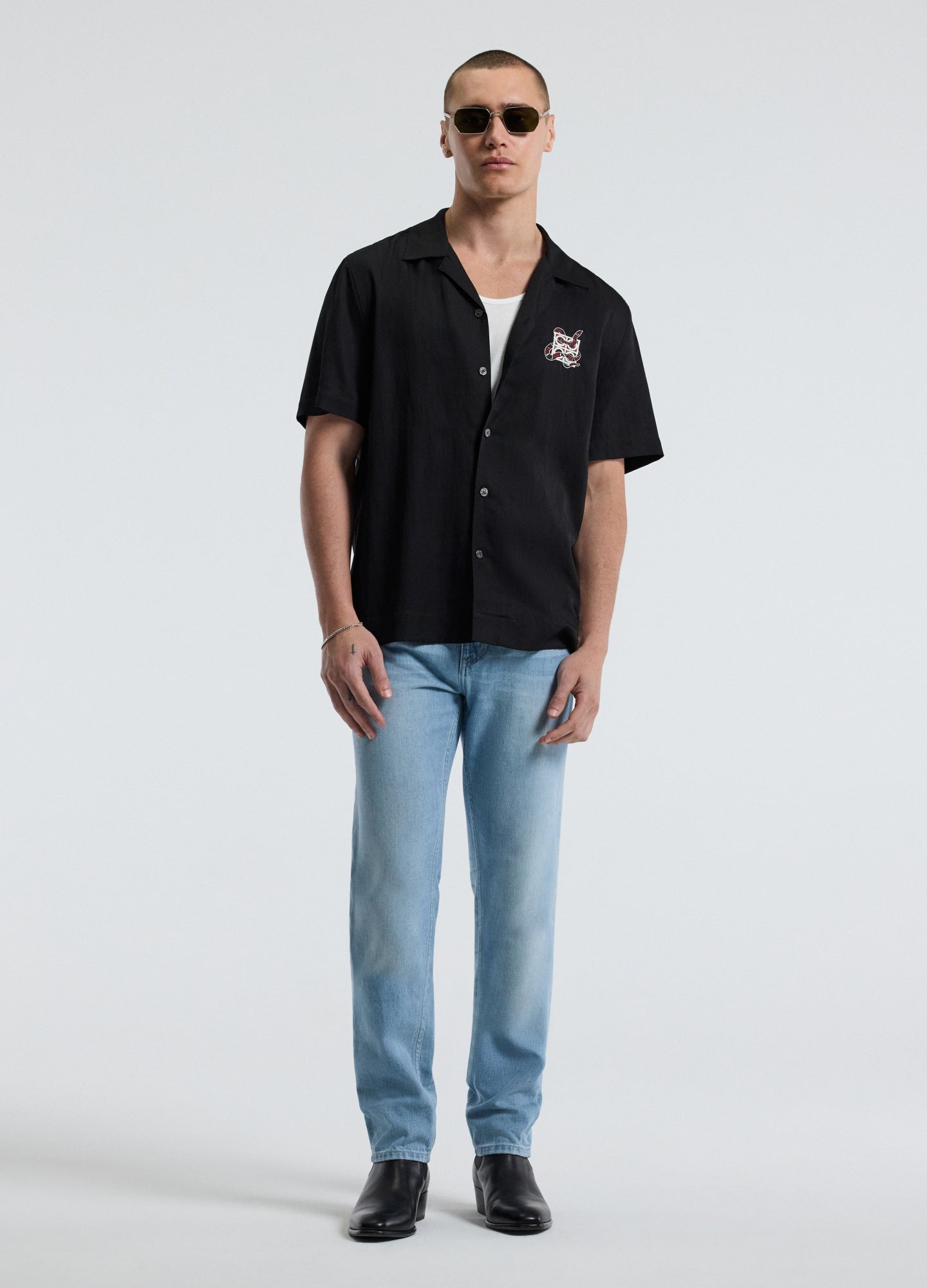 Snake Embroidered Short Sleeve Shirt Black