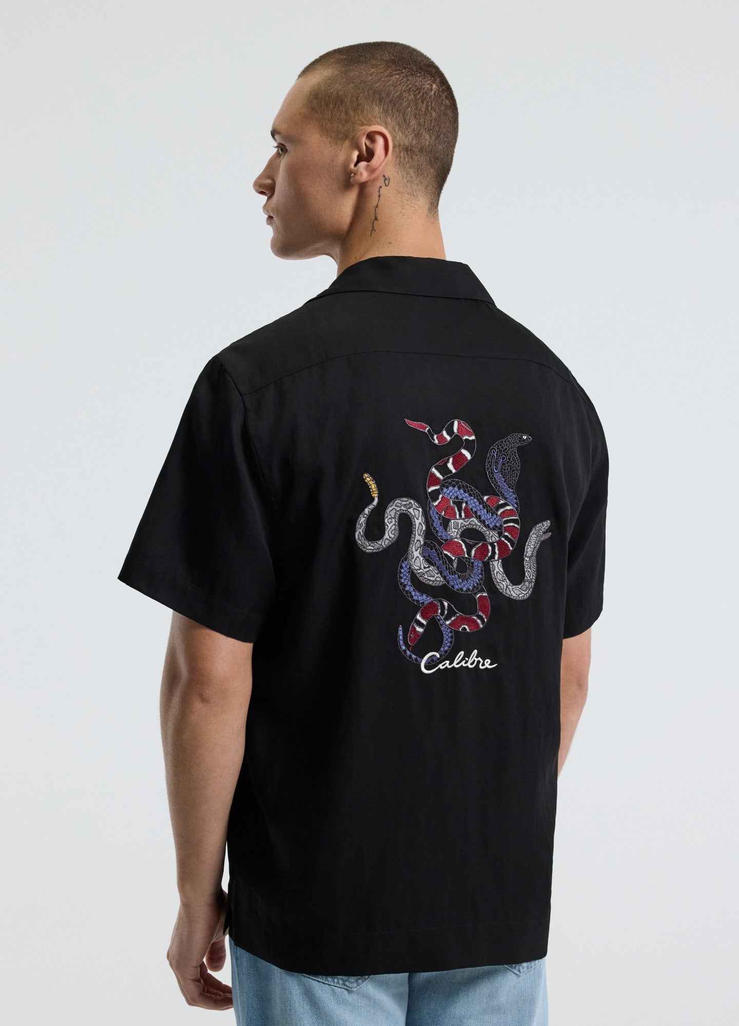 Snake Embroidered Short Sleeve Shirt Black