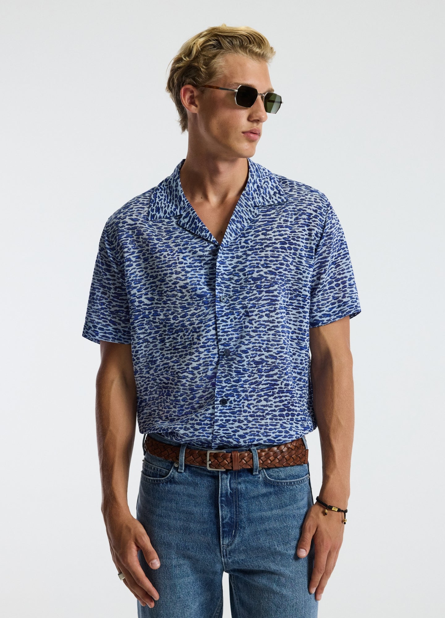 Leopard Print Short Sleeved Shirt Blue