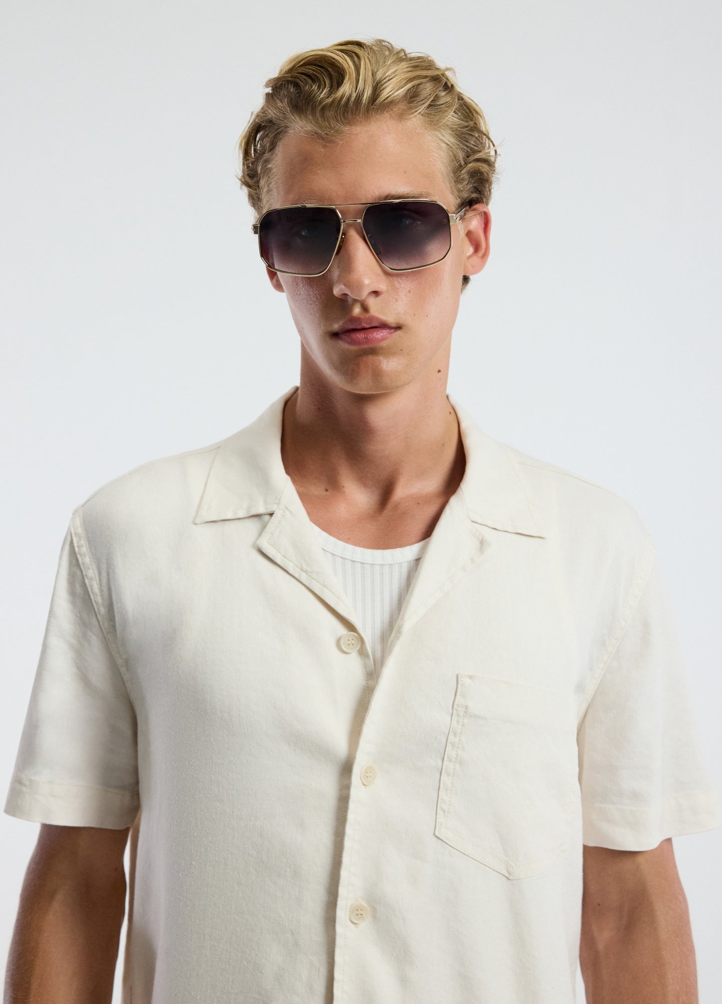 Washed Stretch Linen Short Sleeved Shirt Ivory
