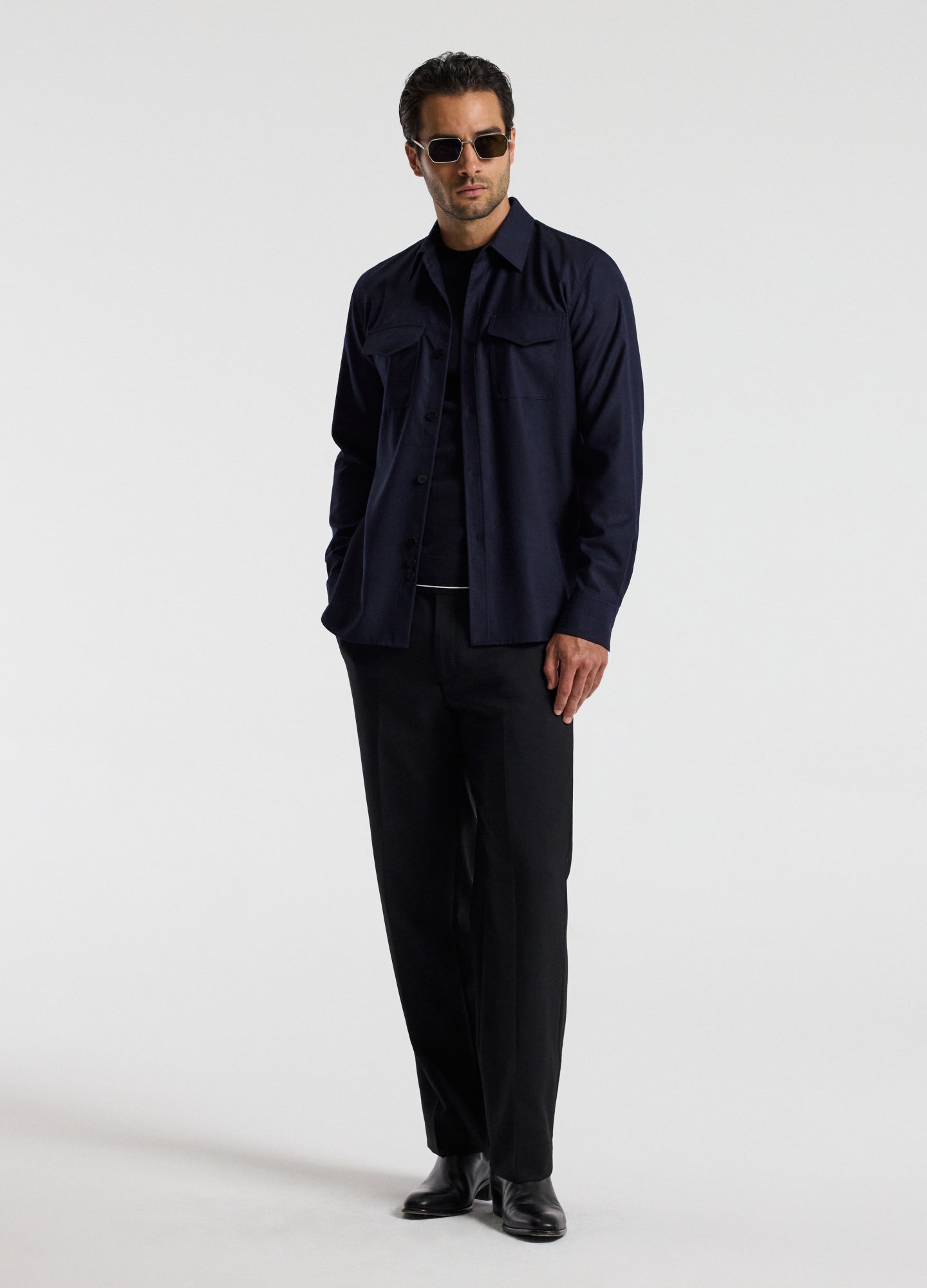 Slim Wool Flannel Shirt Navy