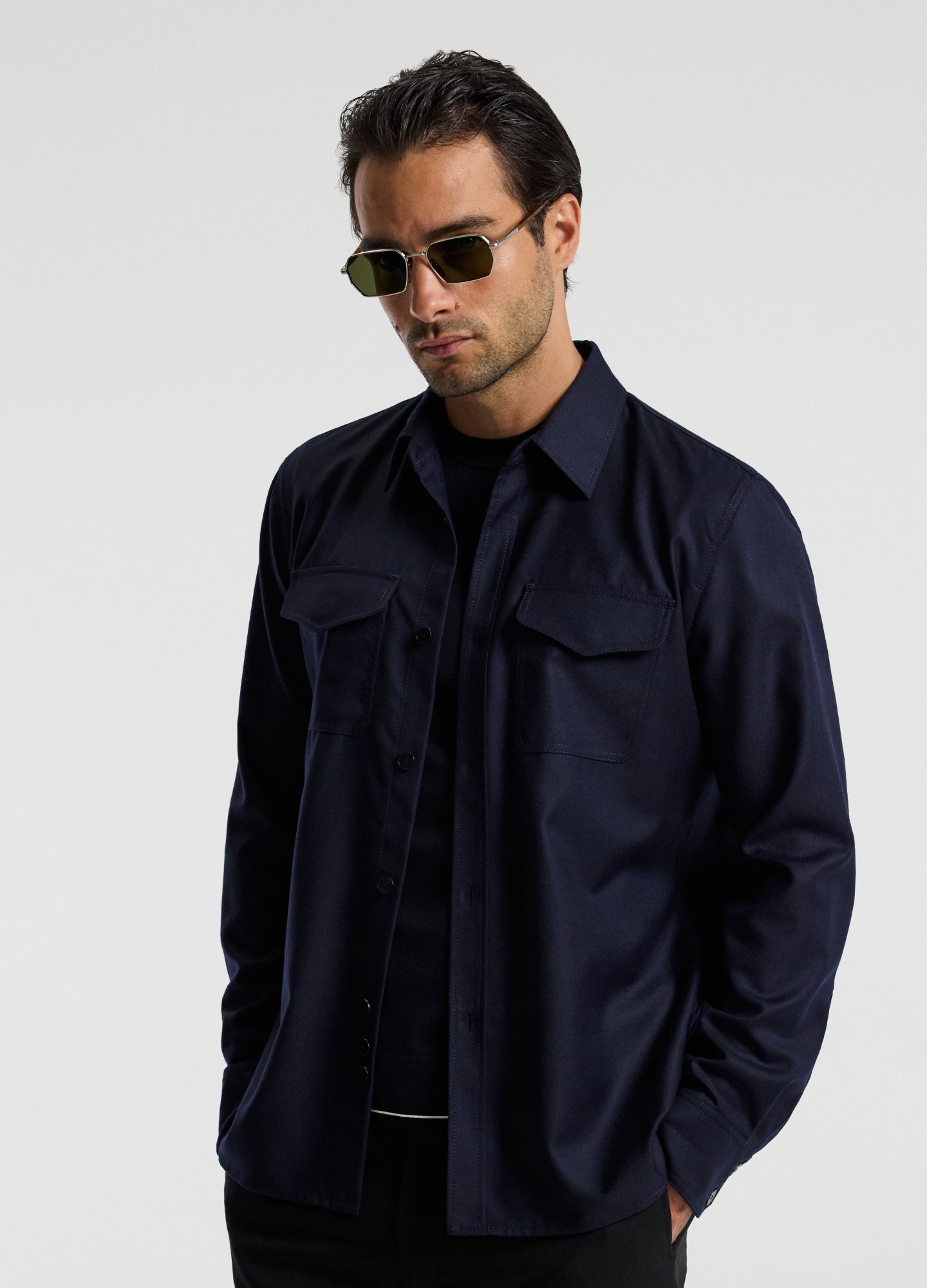 Slim Wool Flannel Shirt Navy