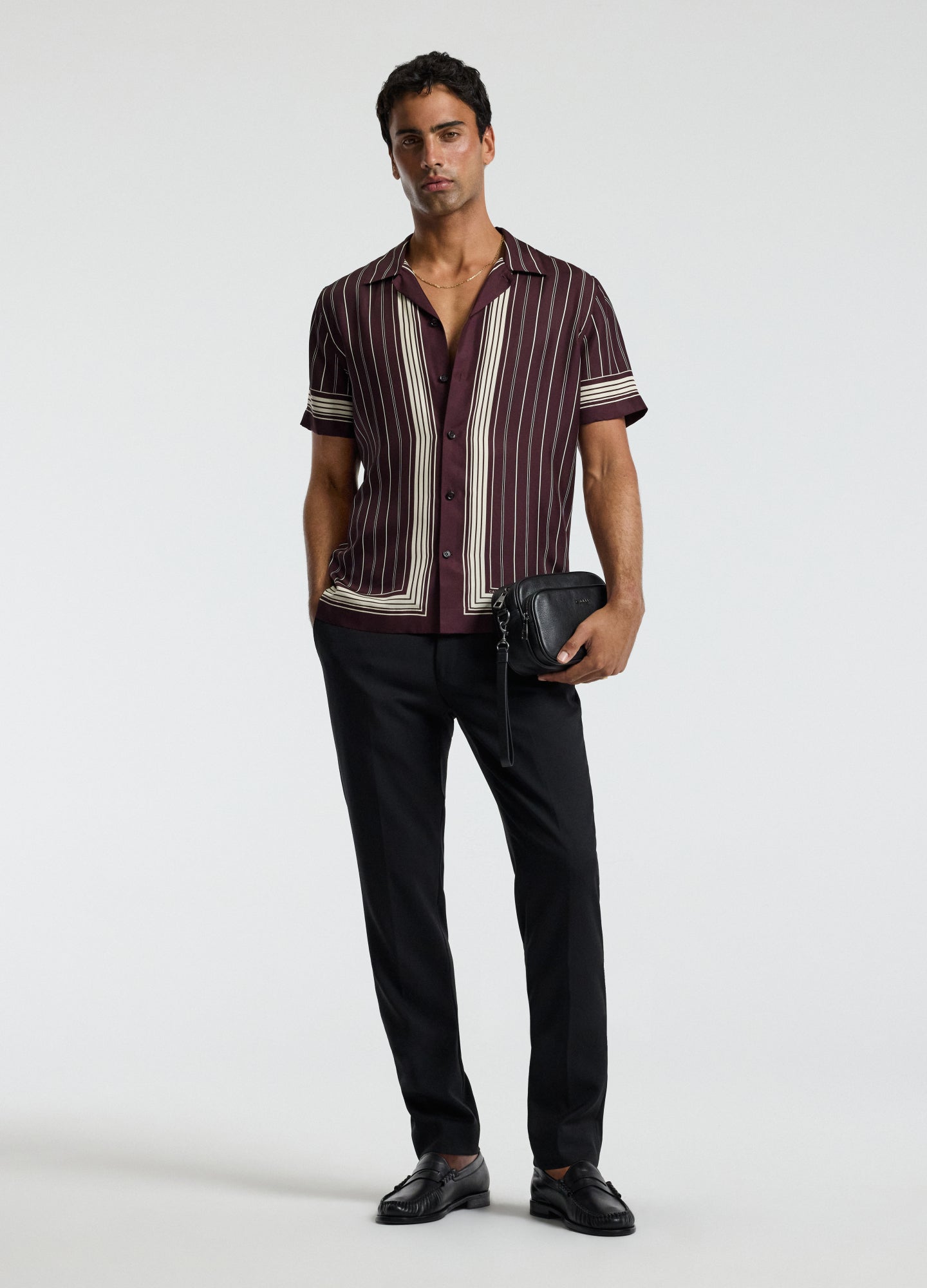 Stripe Scarf Print Short Sleeve Shirt Oxblood