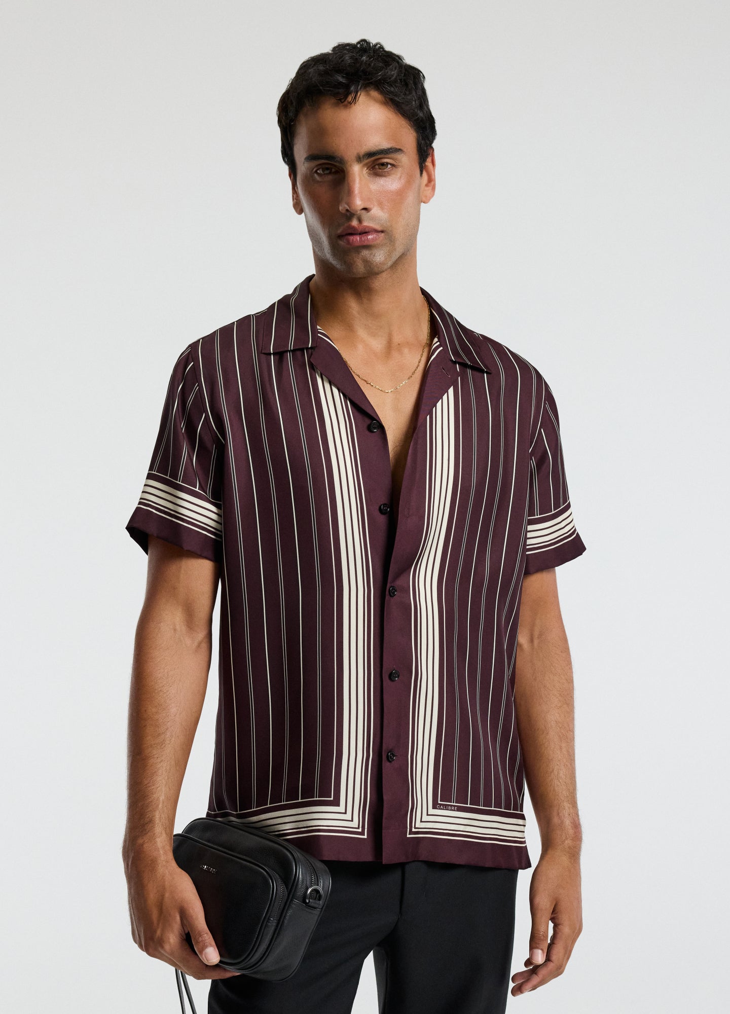 Stripe Scarf Print Short Sleeve Shirt Oxblood