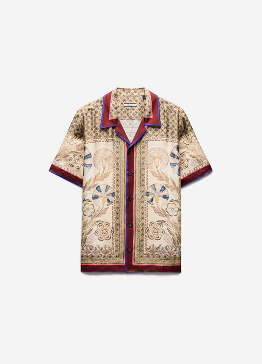 Camp Collar Mosaic Silk Shirt Sand