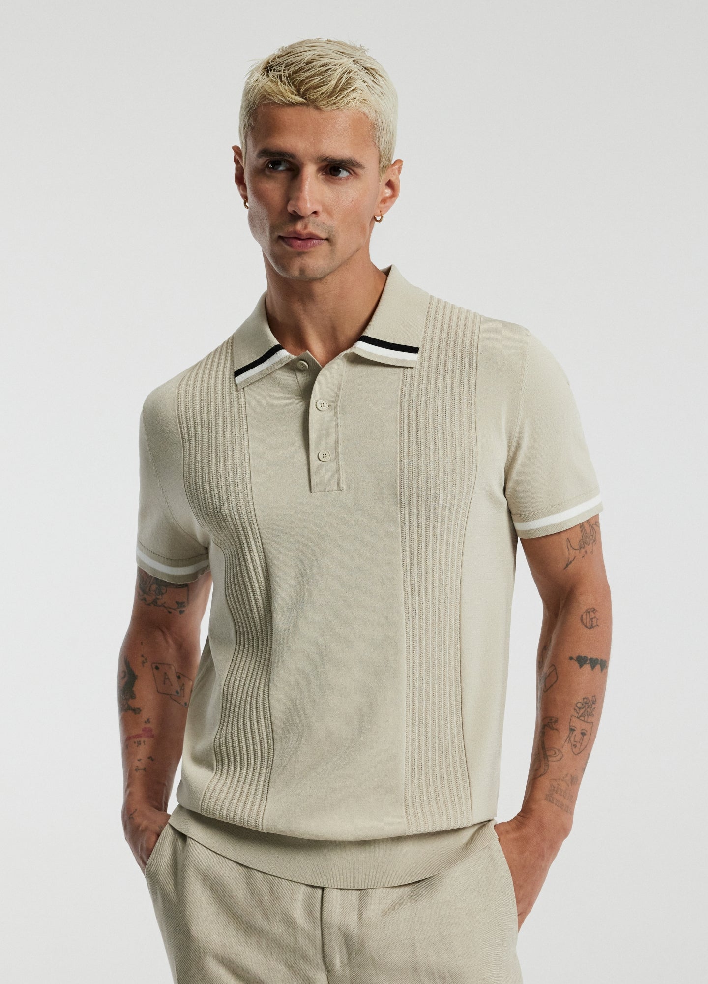 Tech Stripe Collar Polo Stone