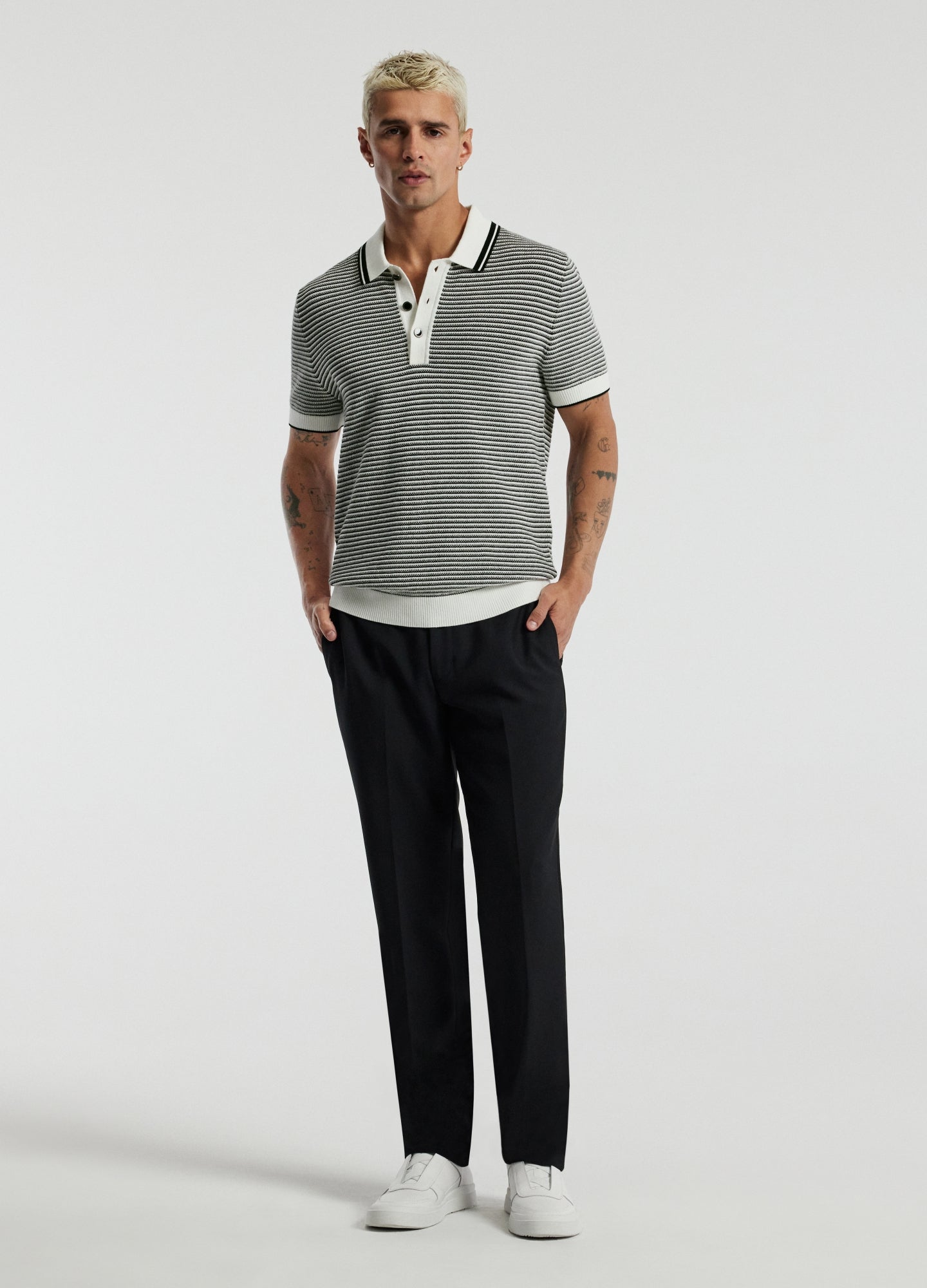 Textured Stripe Knit Polo Grey