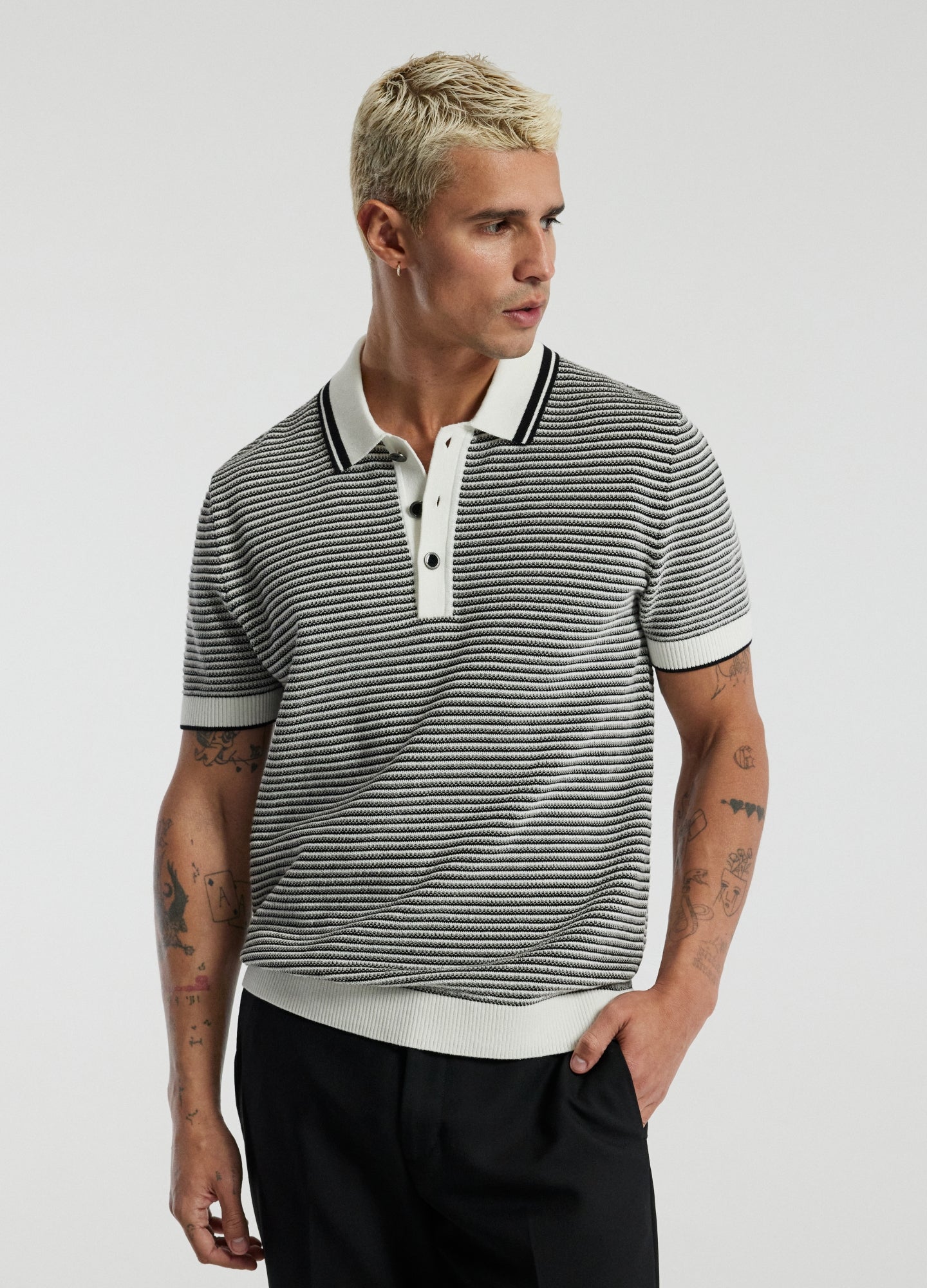 Textured Stripe Knit Polo Grey