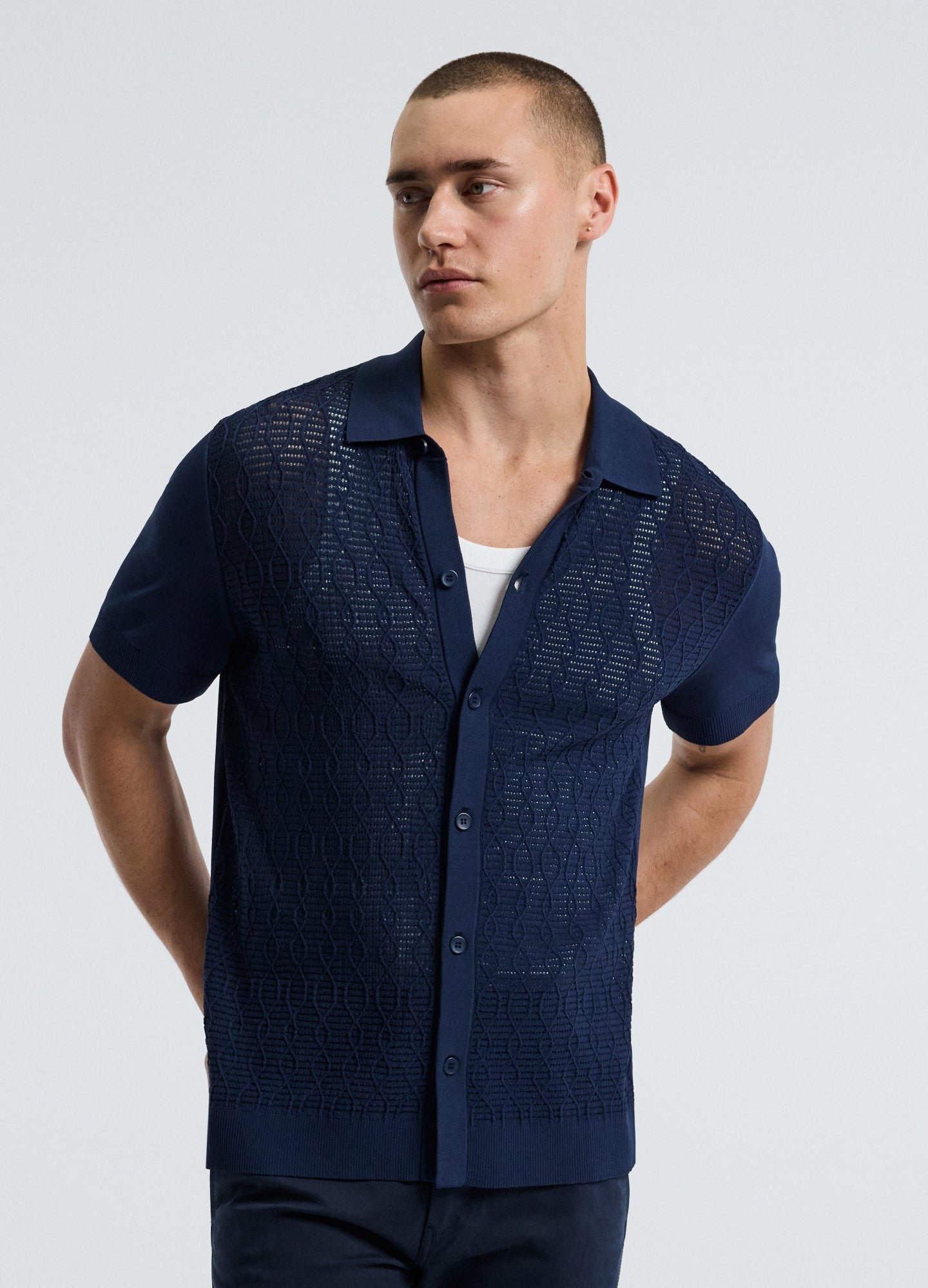Cable Short Sleeve Knit Shirt Royal Blue