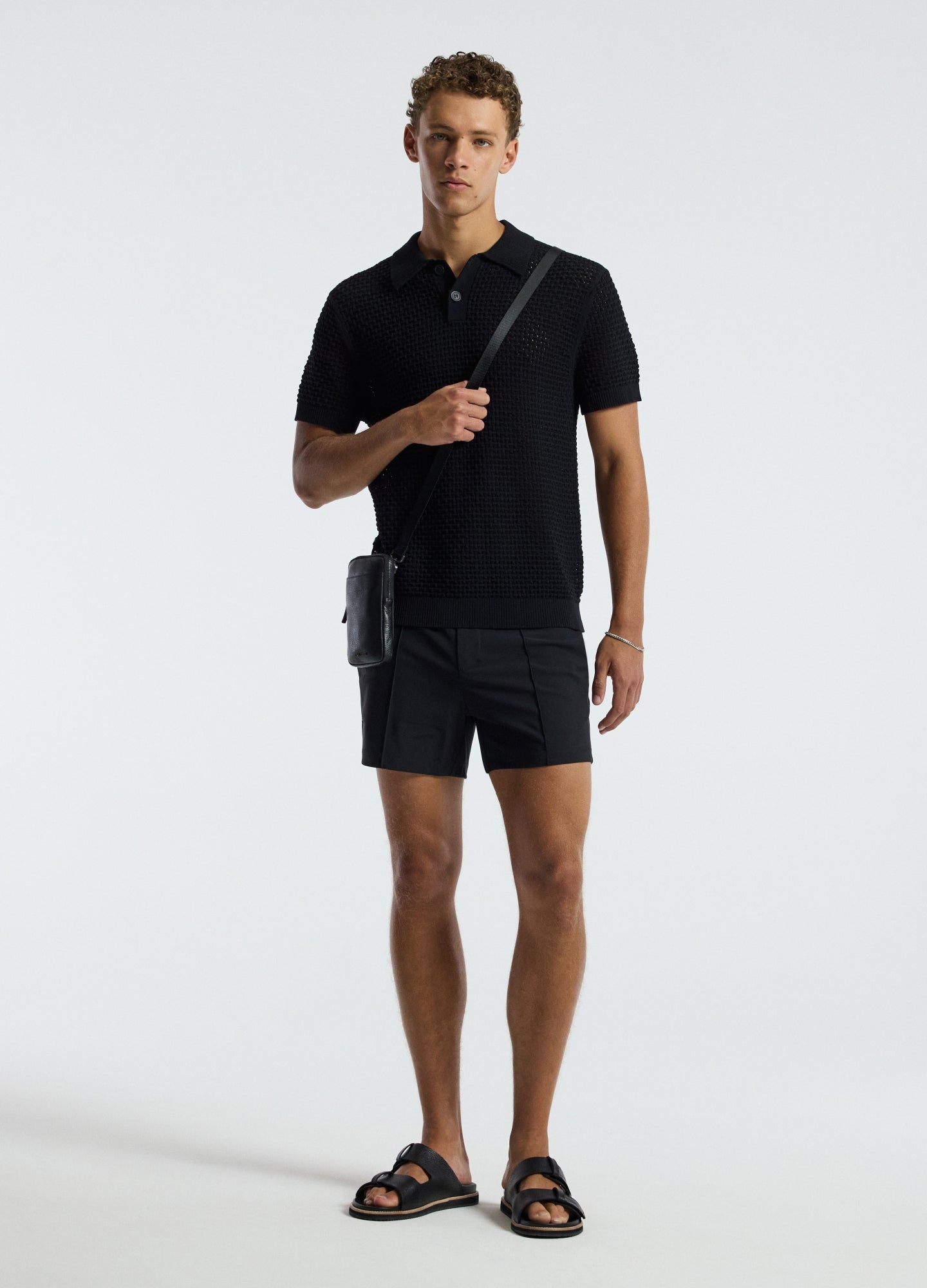 Textured Open Knit Polo Black