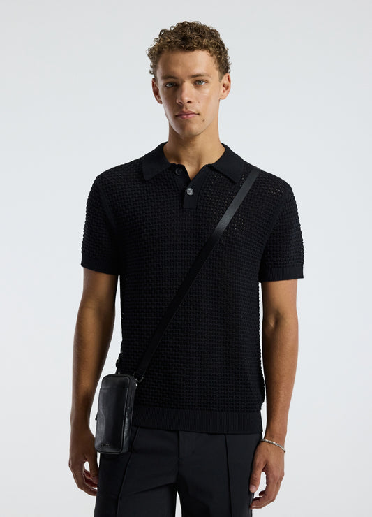 Textured Open Knit Polo Black