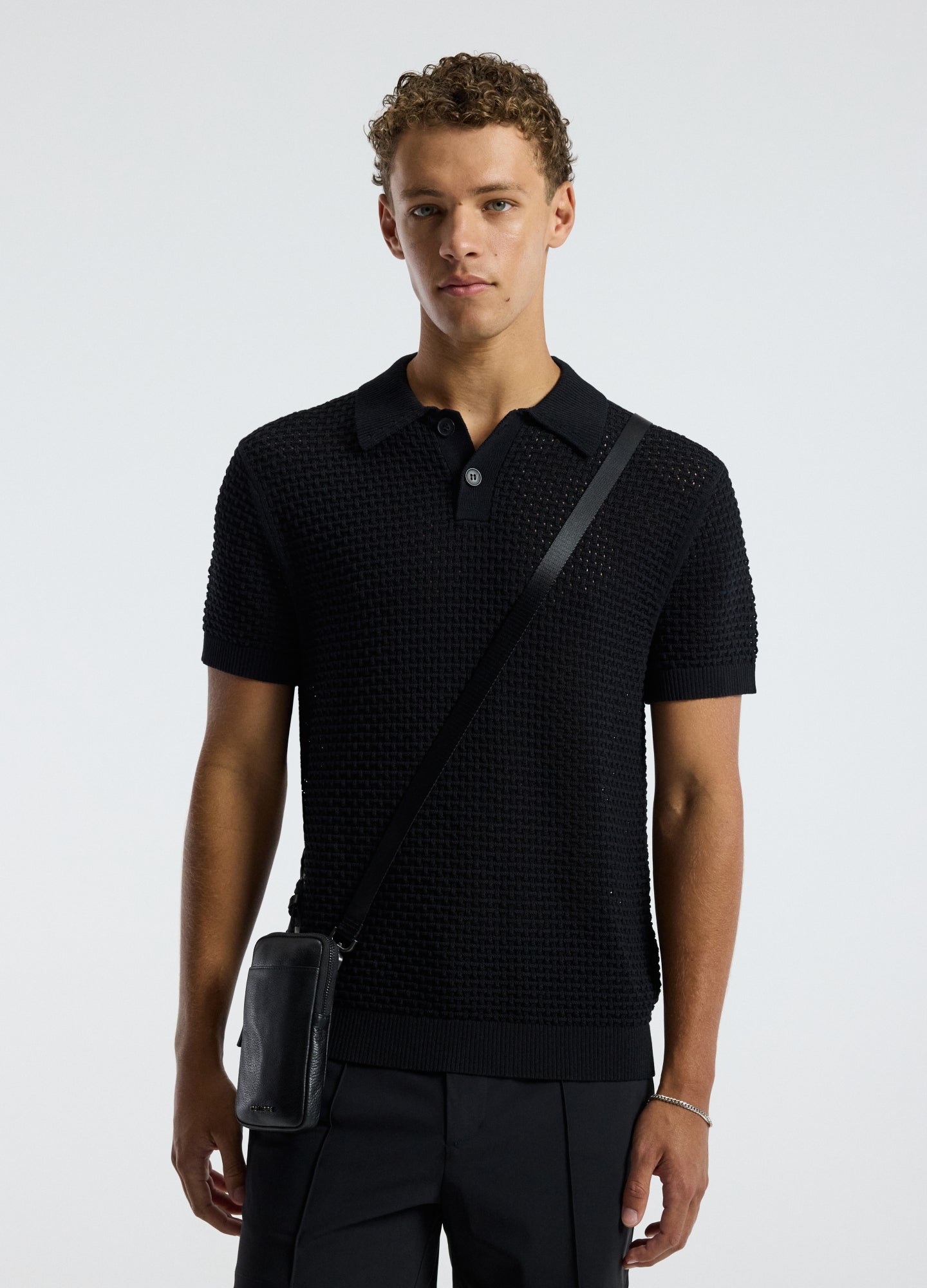 Textured Open Knit Polo Black