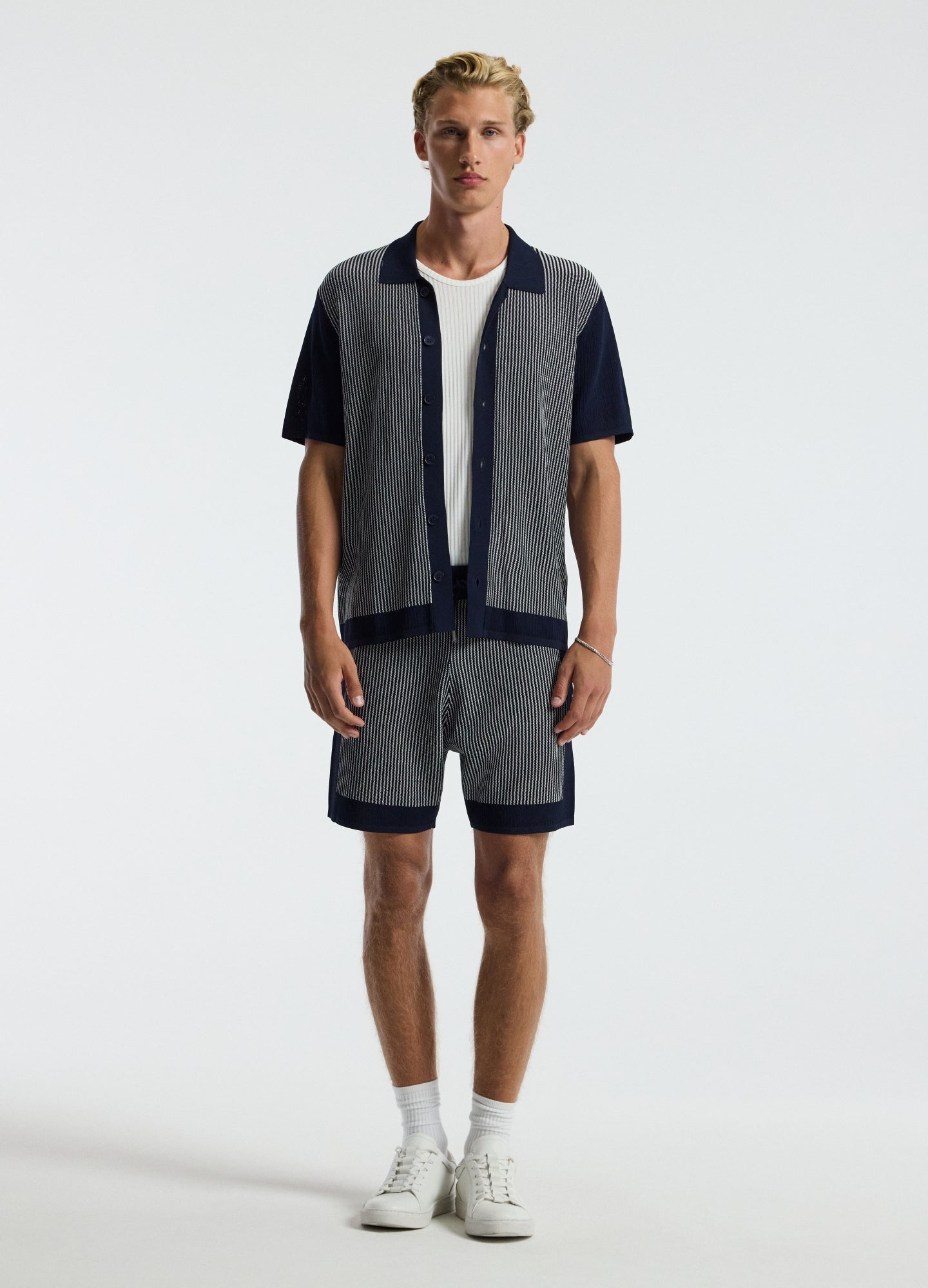 Panelled Stripe Knit Shirt Navy