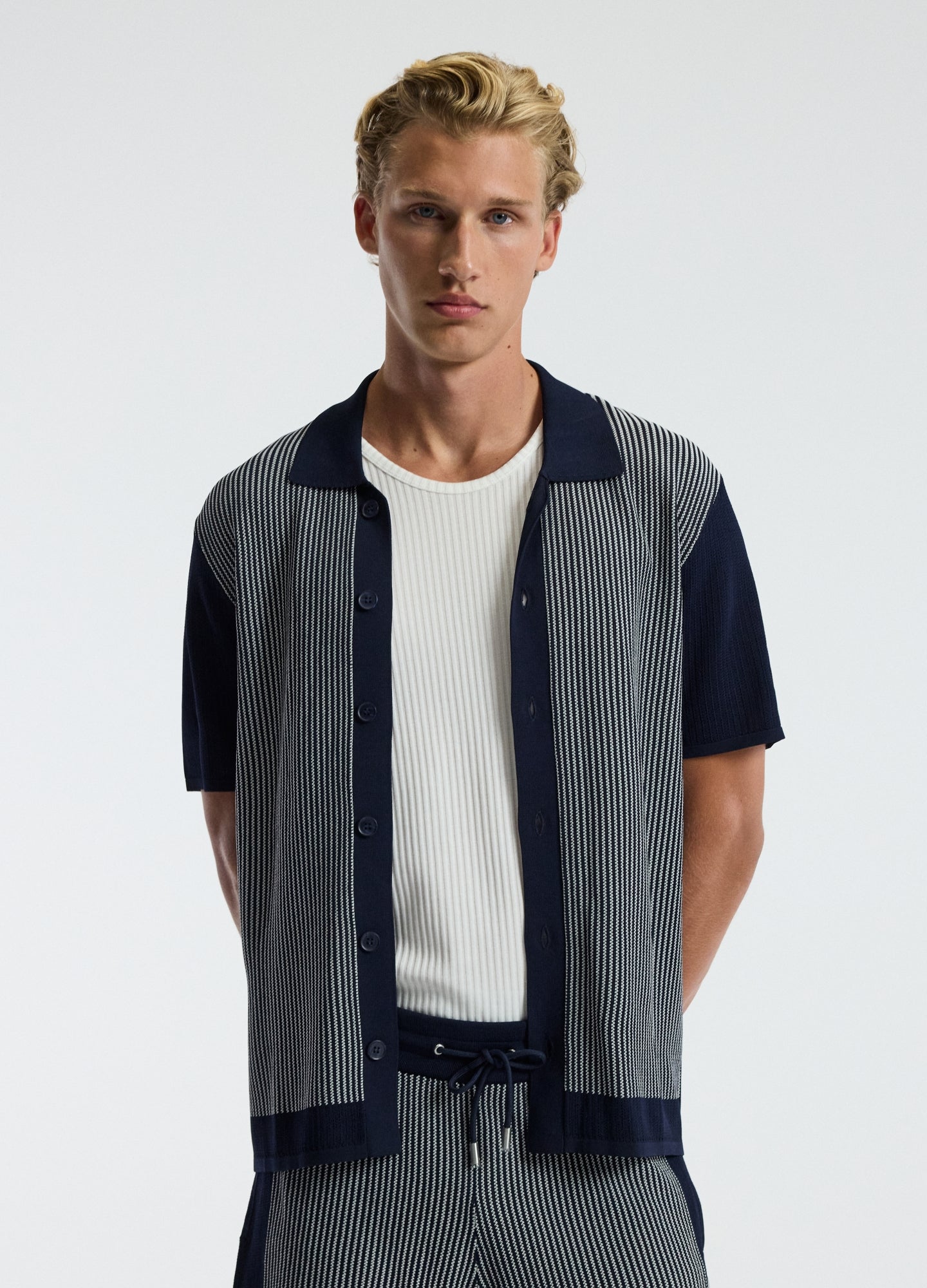 Panelled Stripe Knit Shirt Navy
