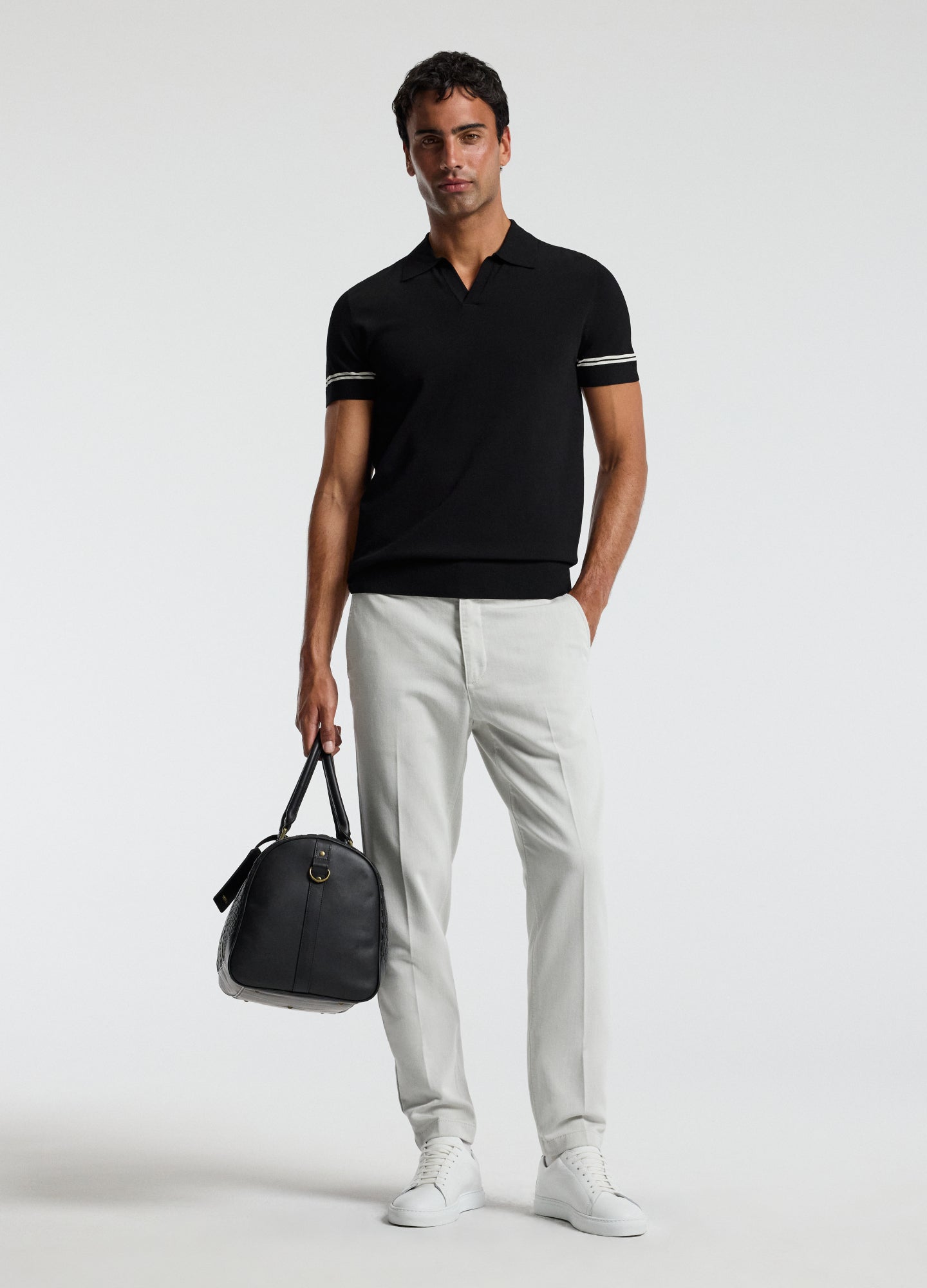 Stripe Cuff Open Neck Polo Black