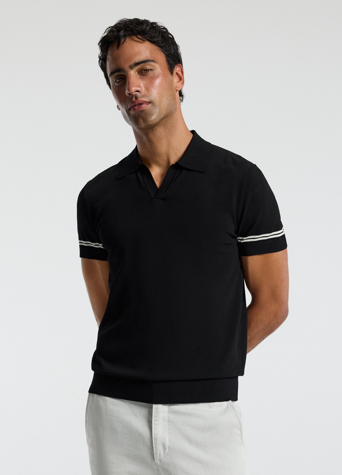 Stripe Cuff Open Neck Polo Black
