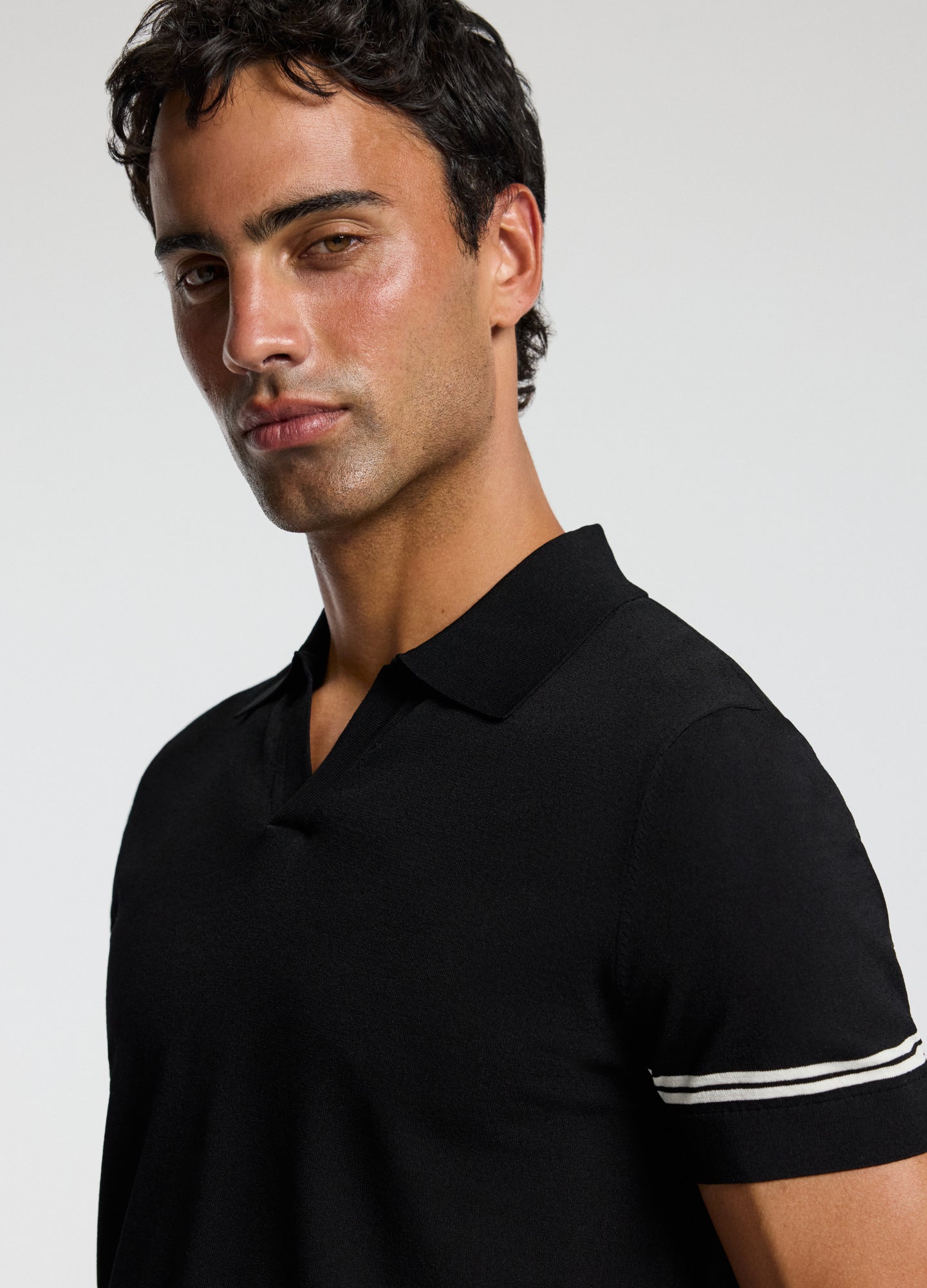 Stripe Cuff Open Neck Polo Black