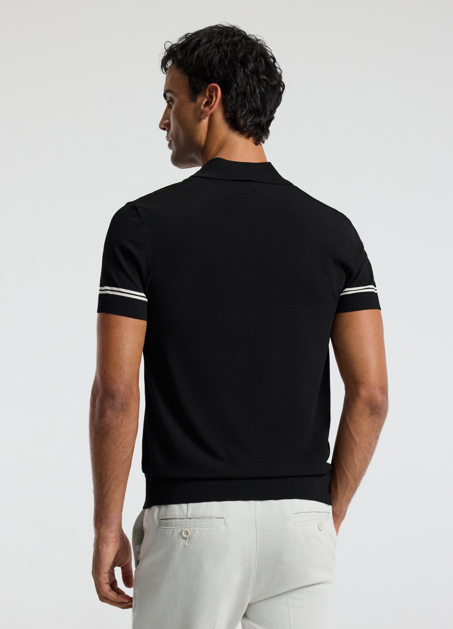 Stripe Cuff Open Neck Polo Black