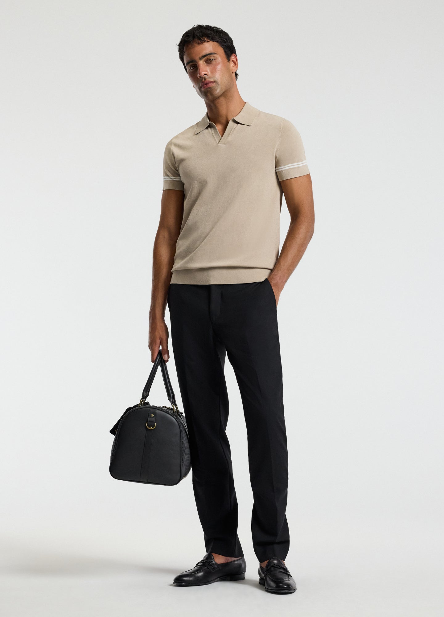 Stripe Cuff Open Neck Polo Sand