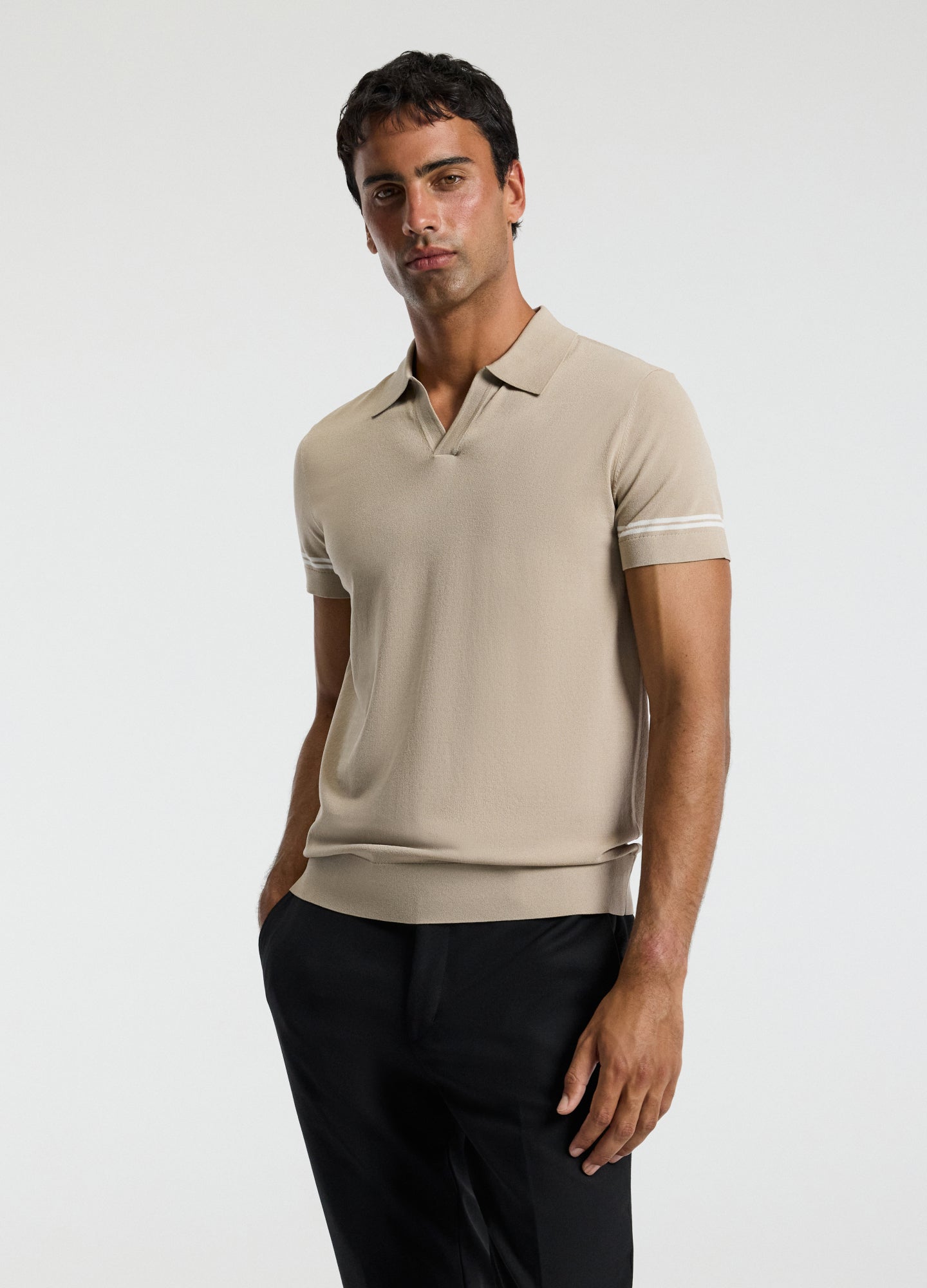 Stripe Cuff Open Neck Polo Sand