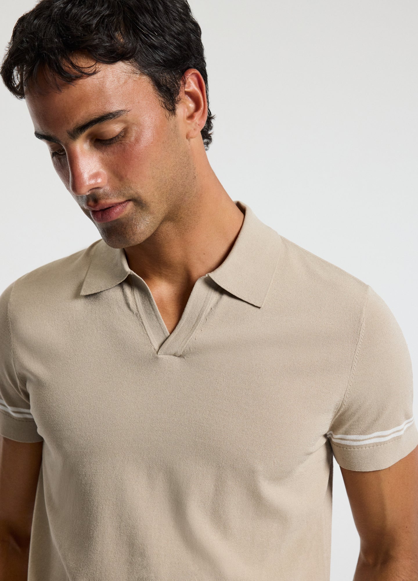 Stripe Cuff Open Neck Polo Sand