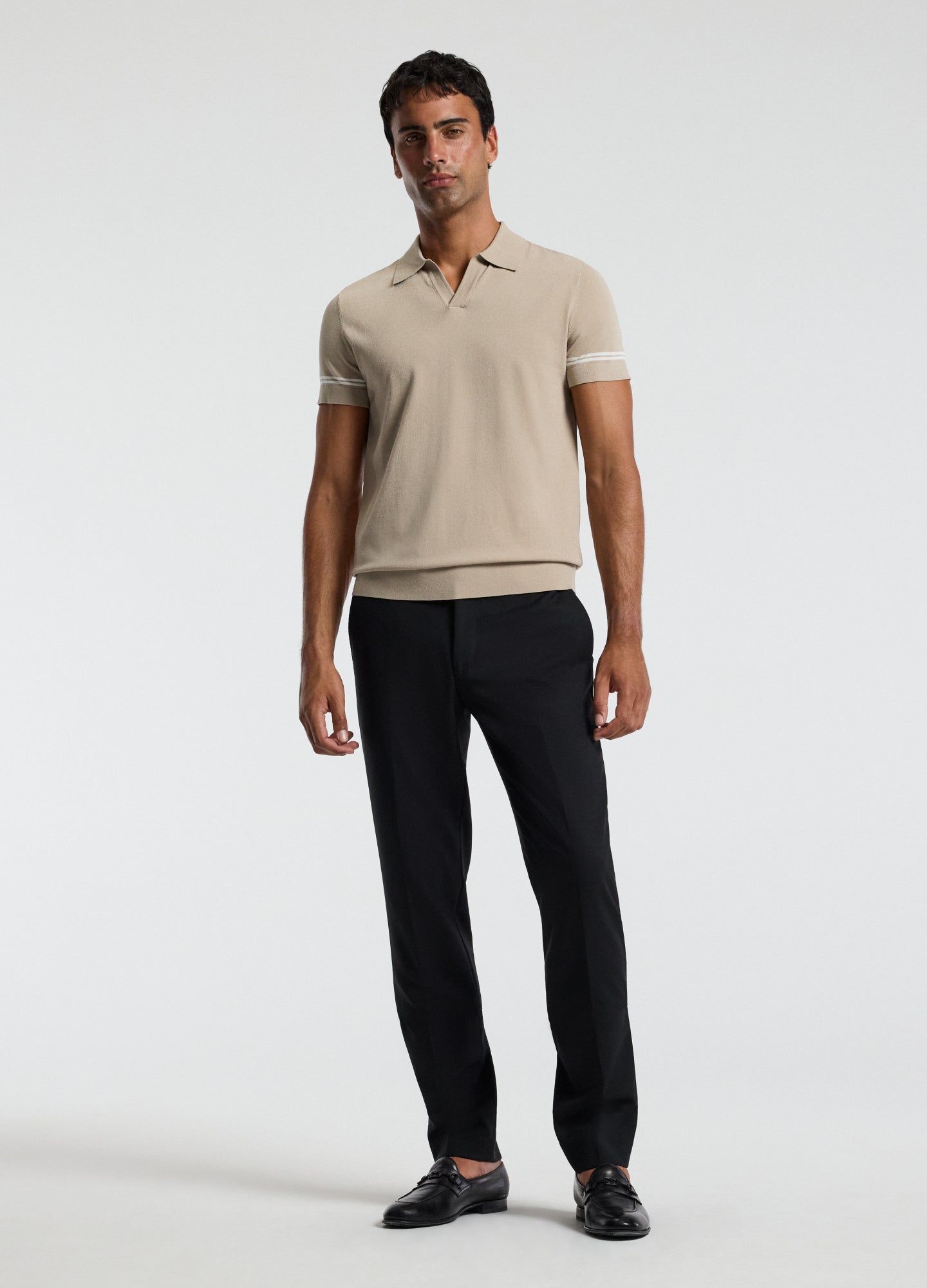 Stripe Cuff Open Neck Polo Sand