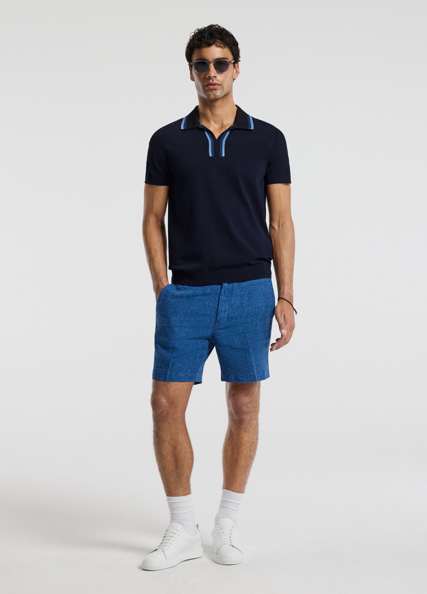 Stripe Open Neck Knit Polo Navy