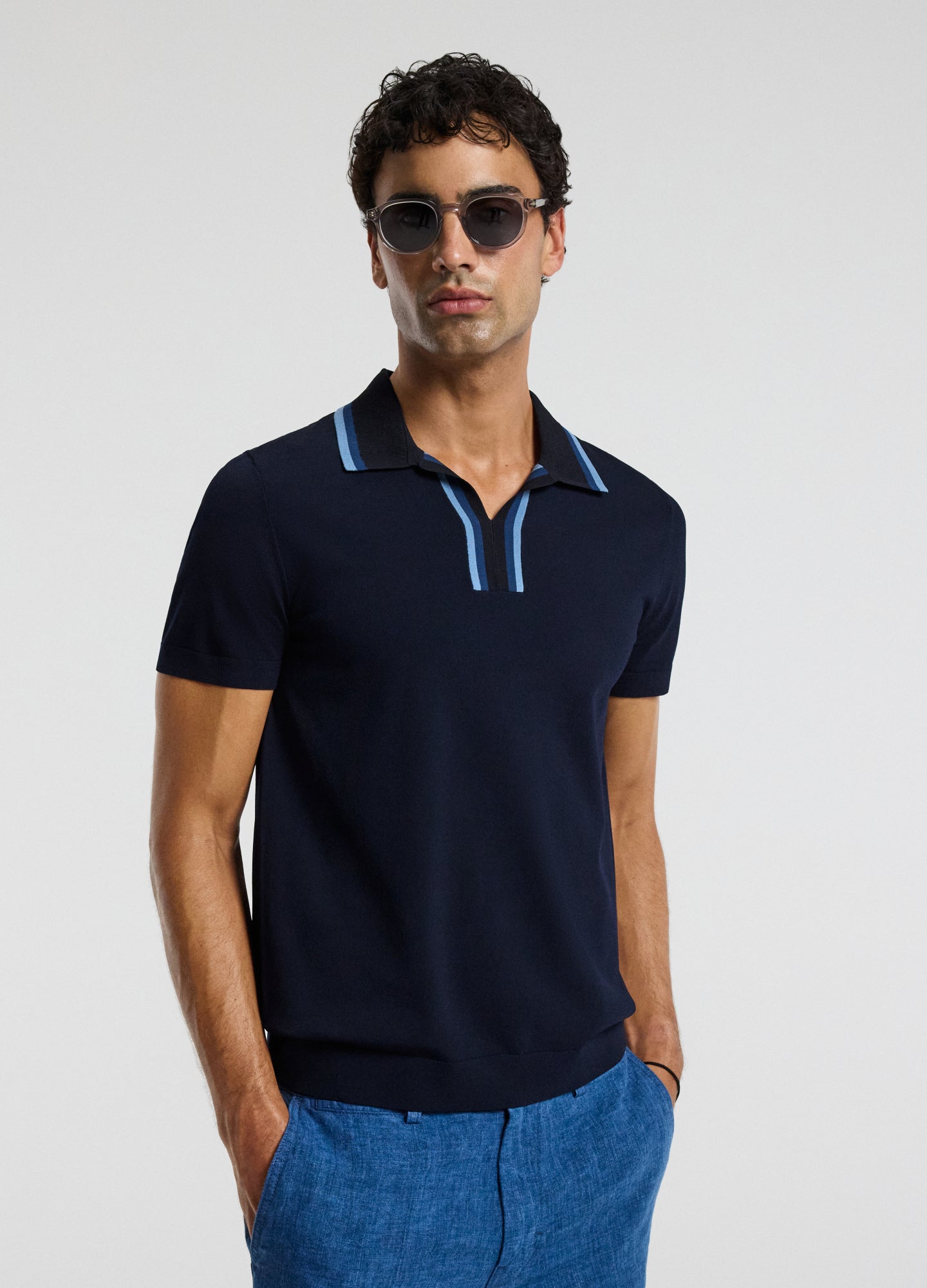 Stripe Open Neck Knit Polo Navy