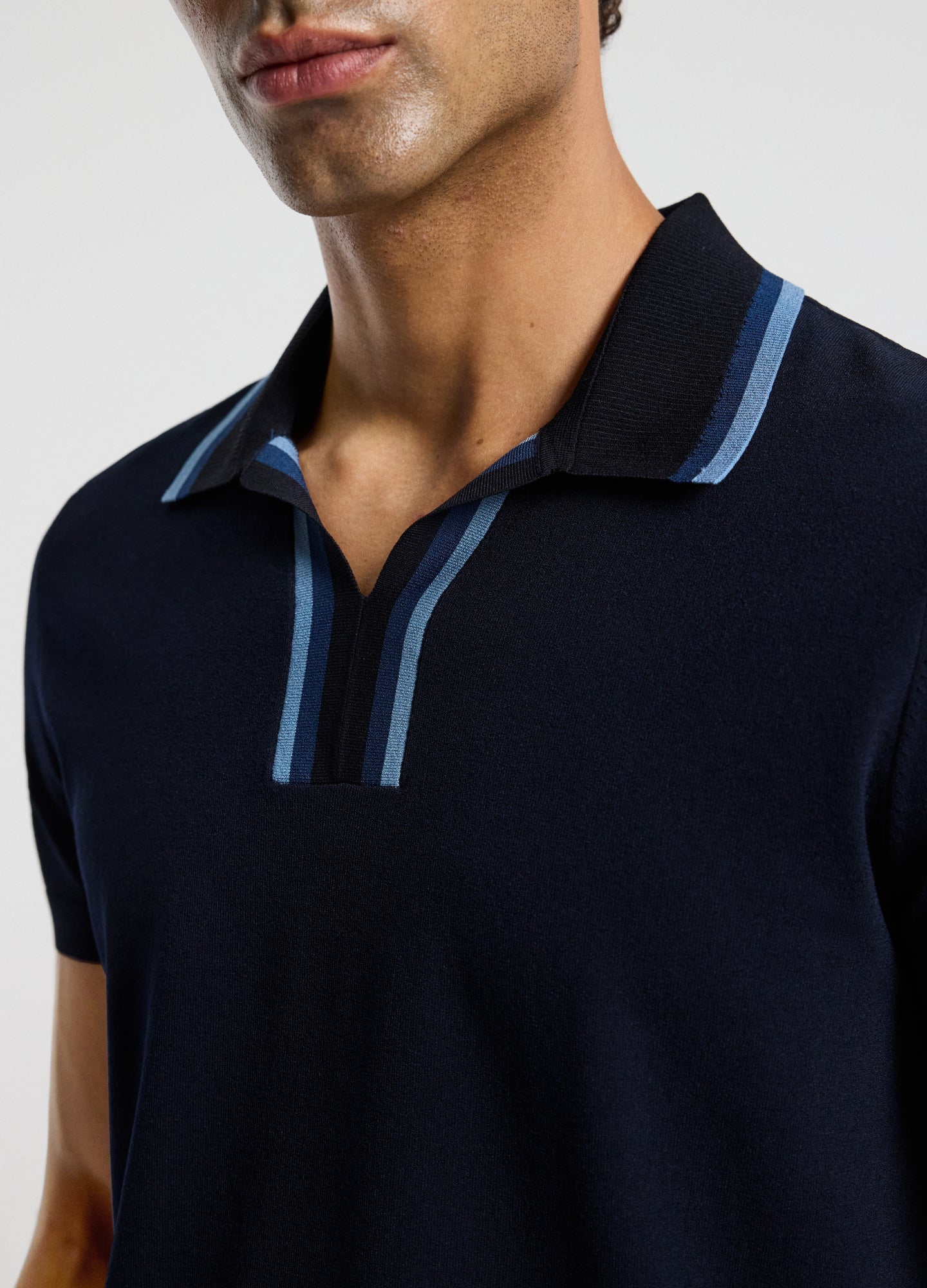 Stripe Open Neck Knit Polo Navy