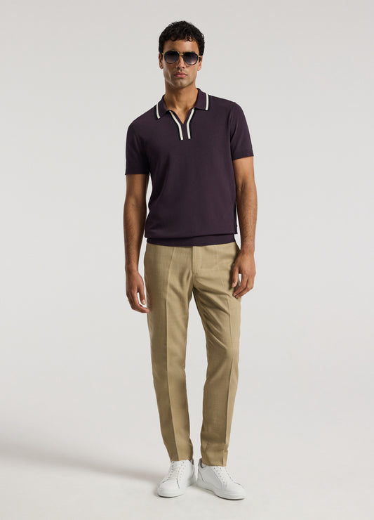 Stripe Open Neck Knit Polo Plum