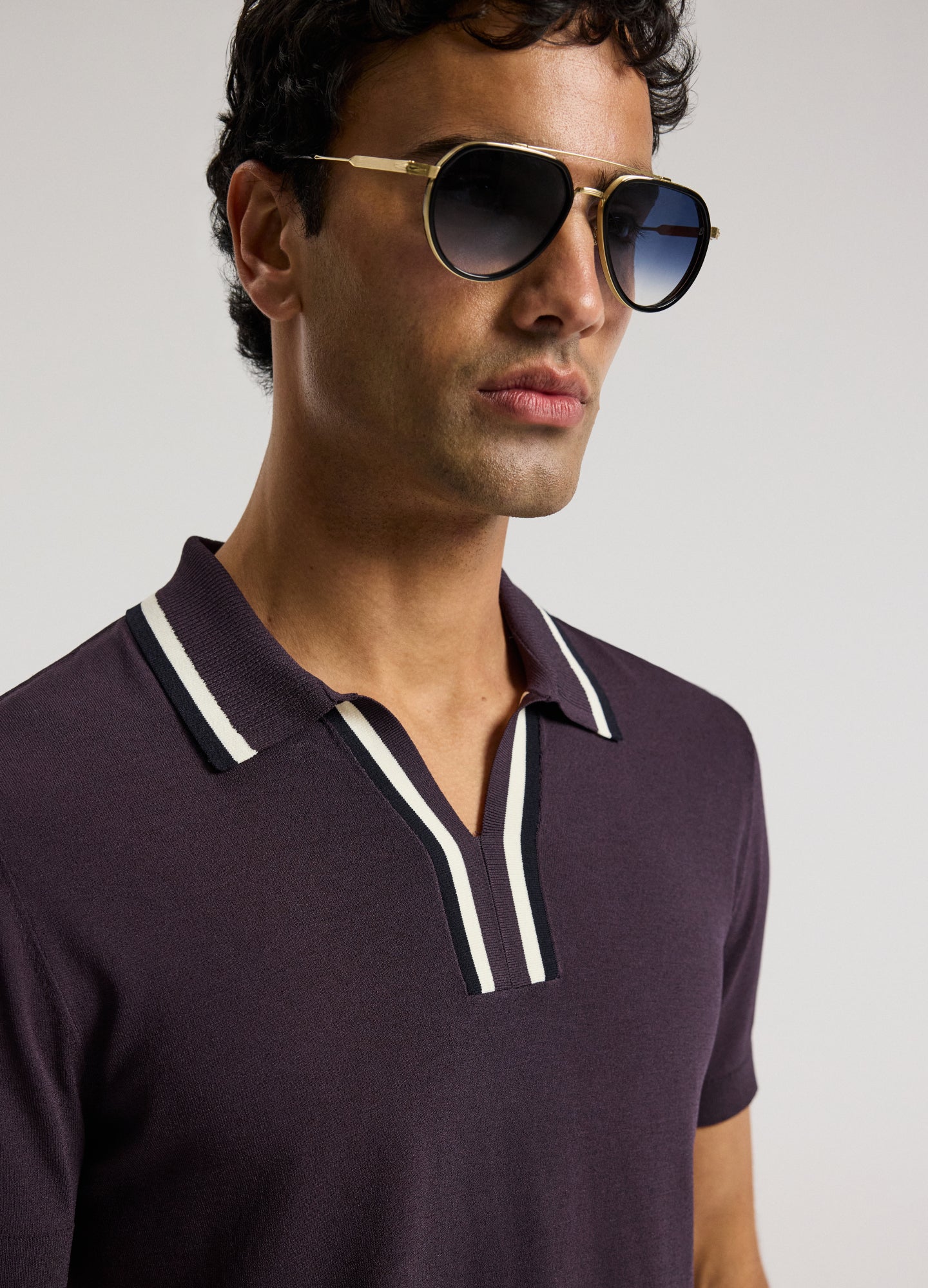 Stripe Open Neck Knit Polo Plum