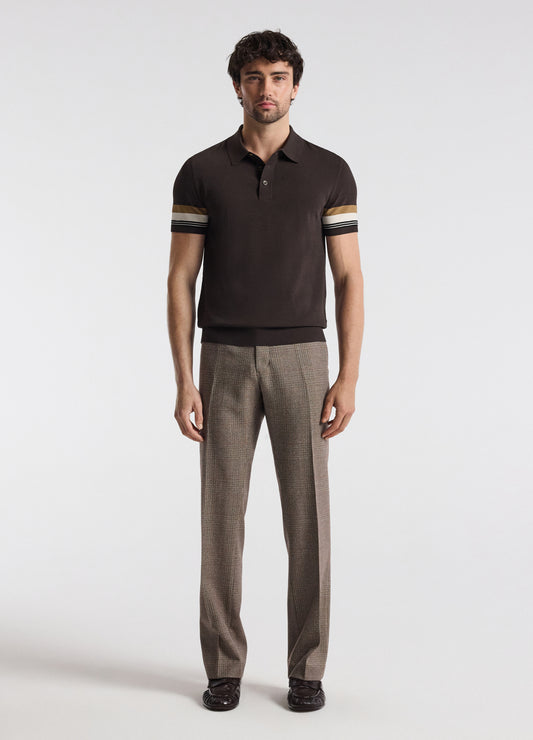 Contrast Cuff Technical Knit Polo Chocolate