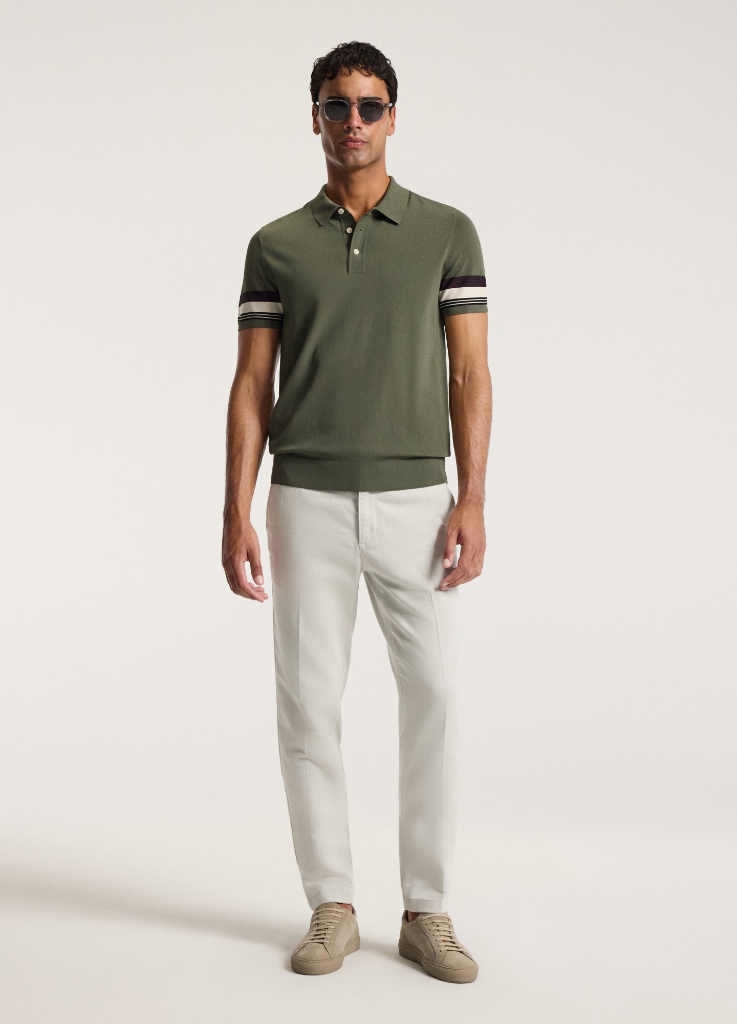 Contrast Cuff Technical Knit Polo Khaki