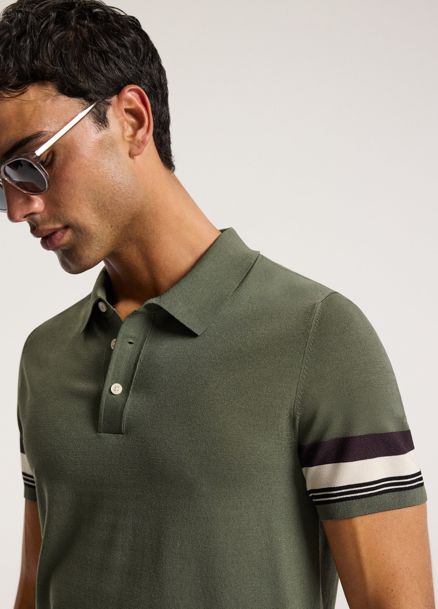 Contrast Cuff Technical Knit Polo Khaki