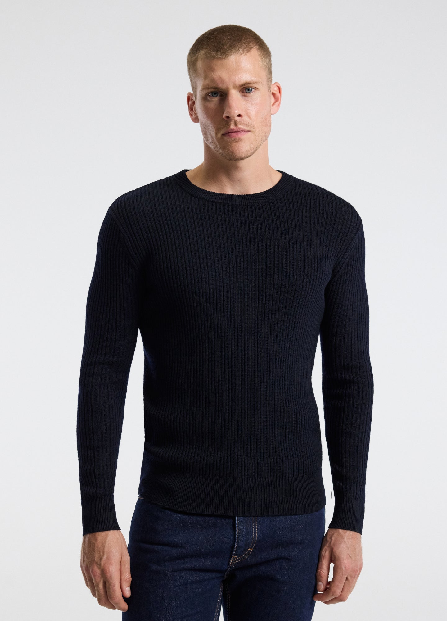 Slim Merino Wool Rib Sweater Navy
