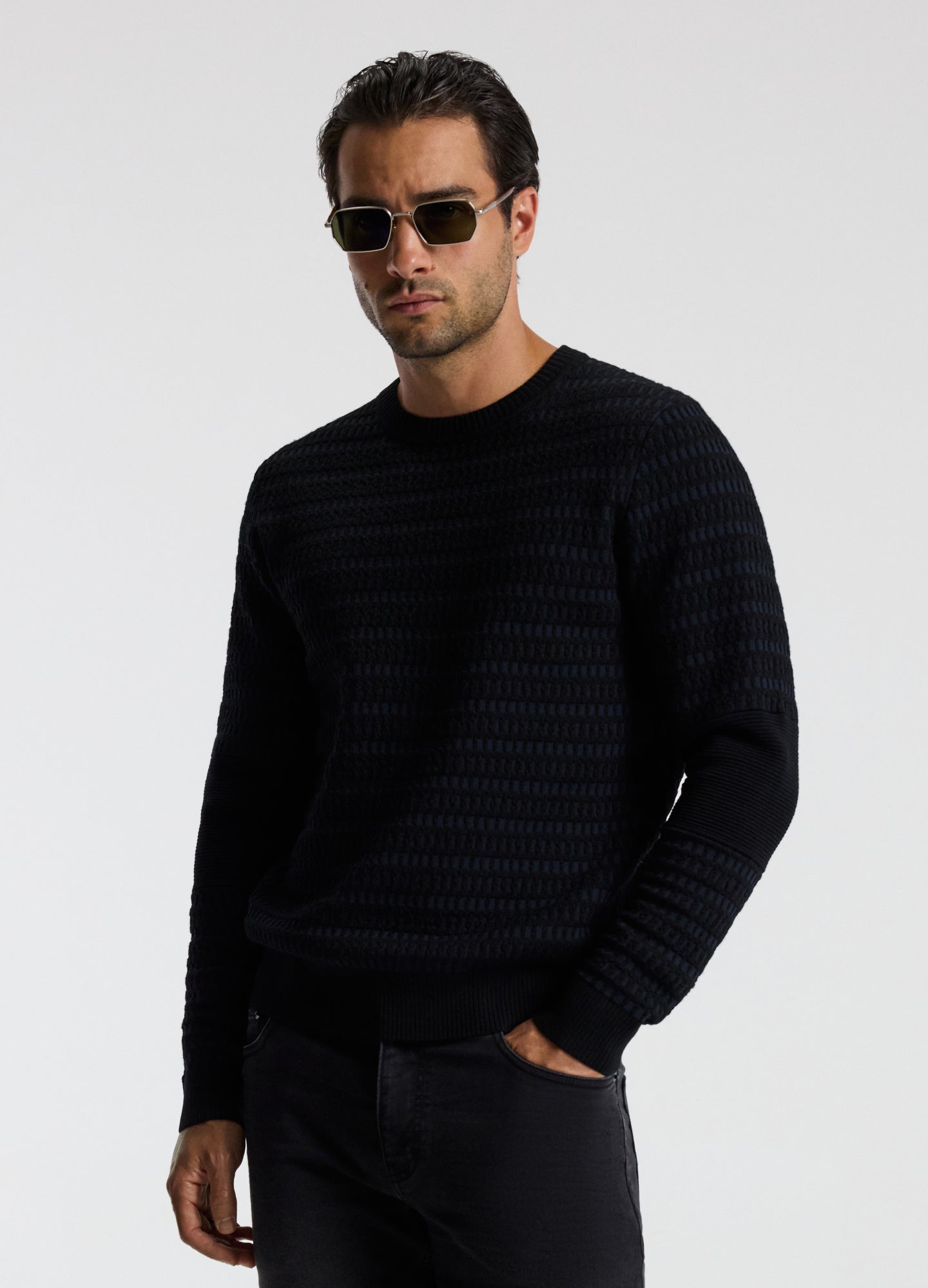 Geometric Jacquard Crew Neck Sweater Navy