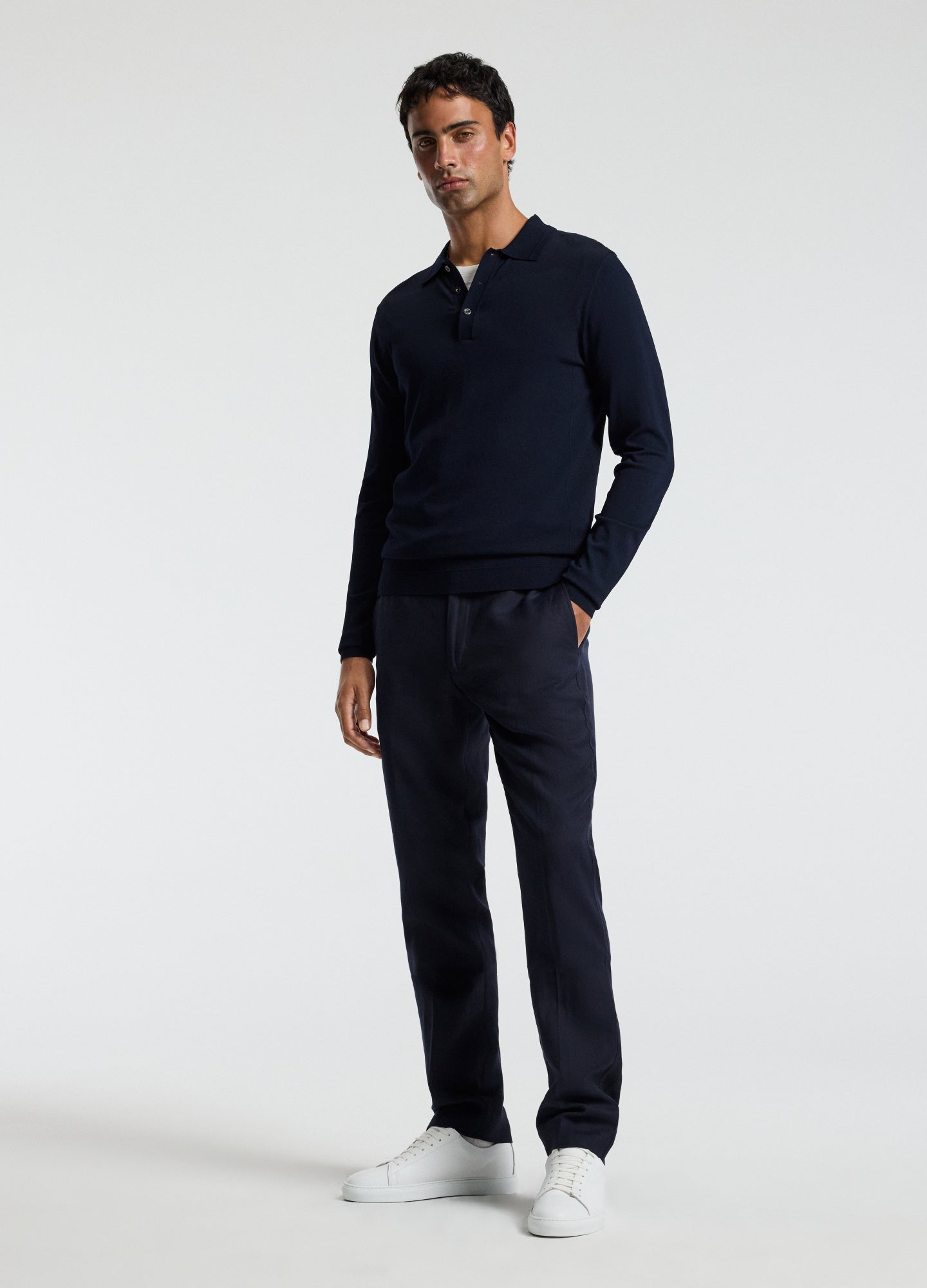Long Sleeve Tech Knit Polo Naval Blue